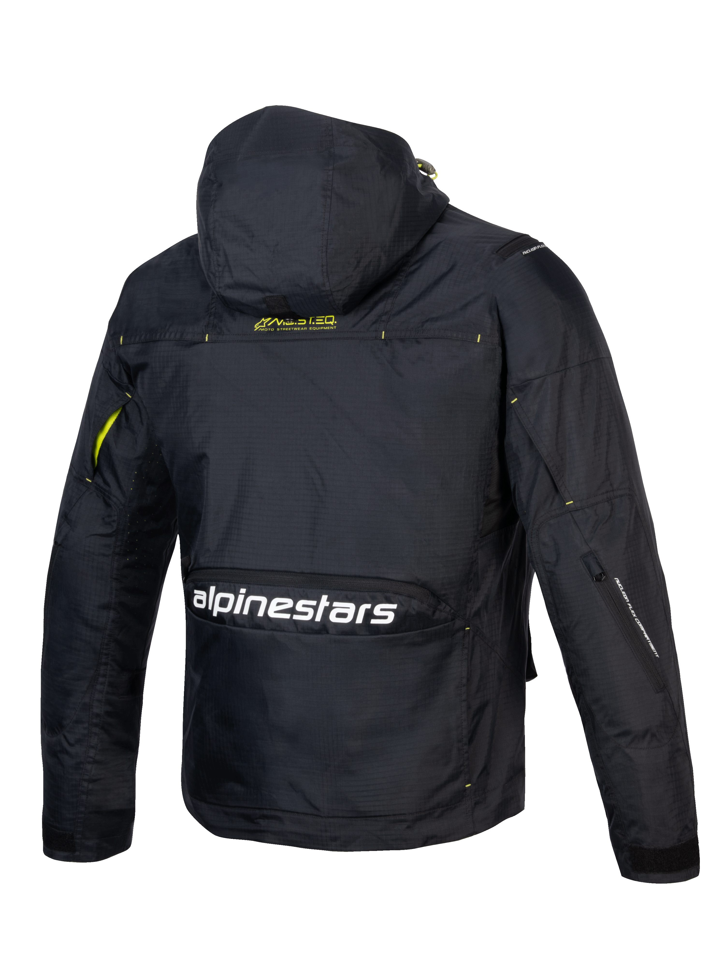 Alpinestars Mogress Air Jacke, Urban Motorradjacke, Schwarz und Limettengrün, belüftetes Ripstop-Textil, Rückansicht mit Kapuze und Alpinestars-Logo, Tech-Air® Ready.
