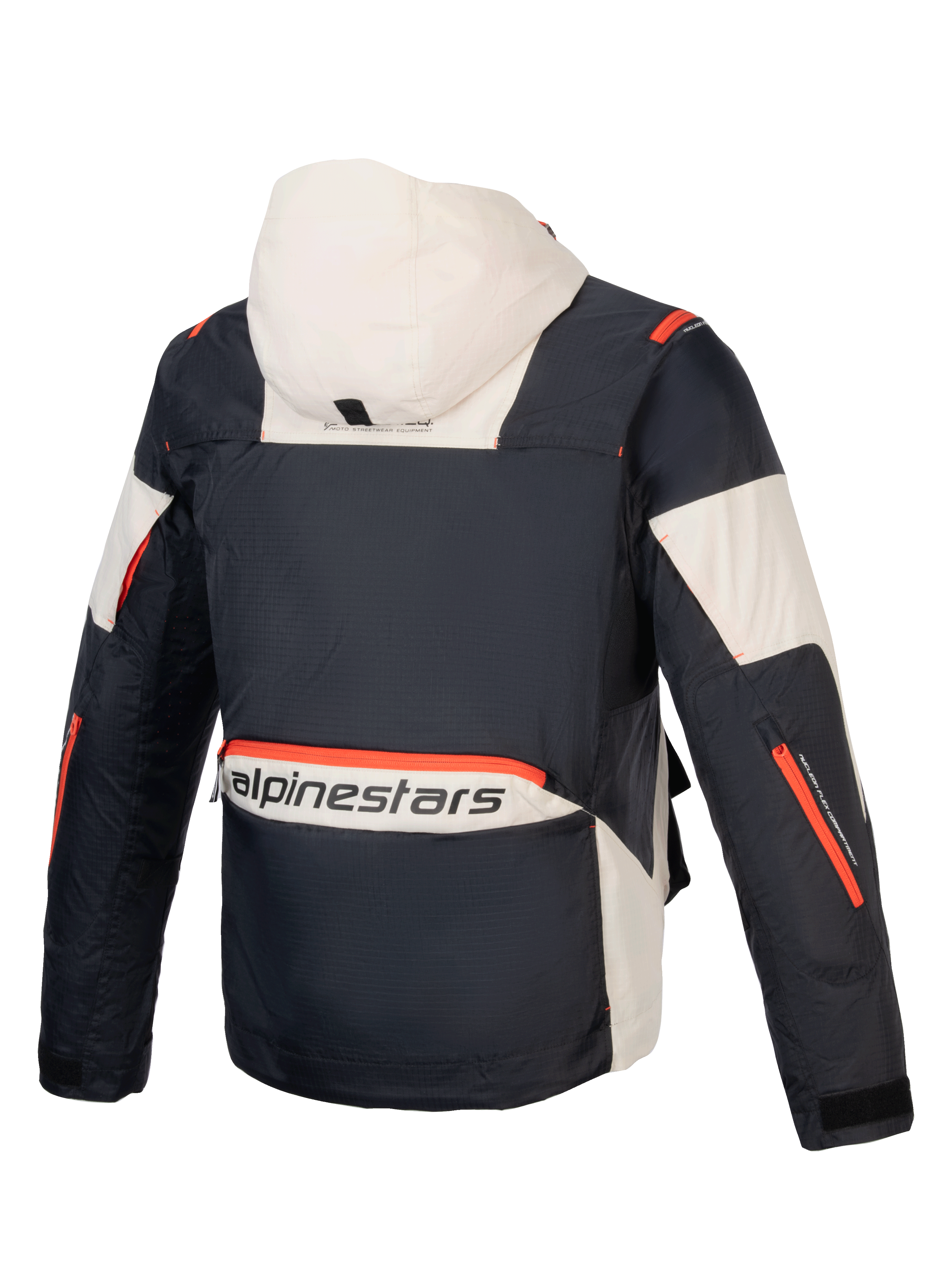 Alpinestars Mogress Air Jacke, Urban-Motorradjacke für Herren, Schwarz und Mandel, orange Akzente, Ripstop-Textil, Rückansicht.
