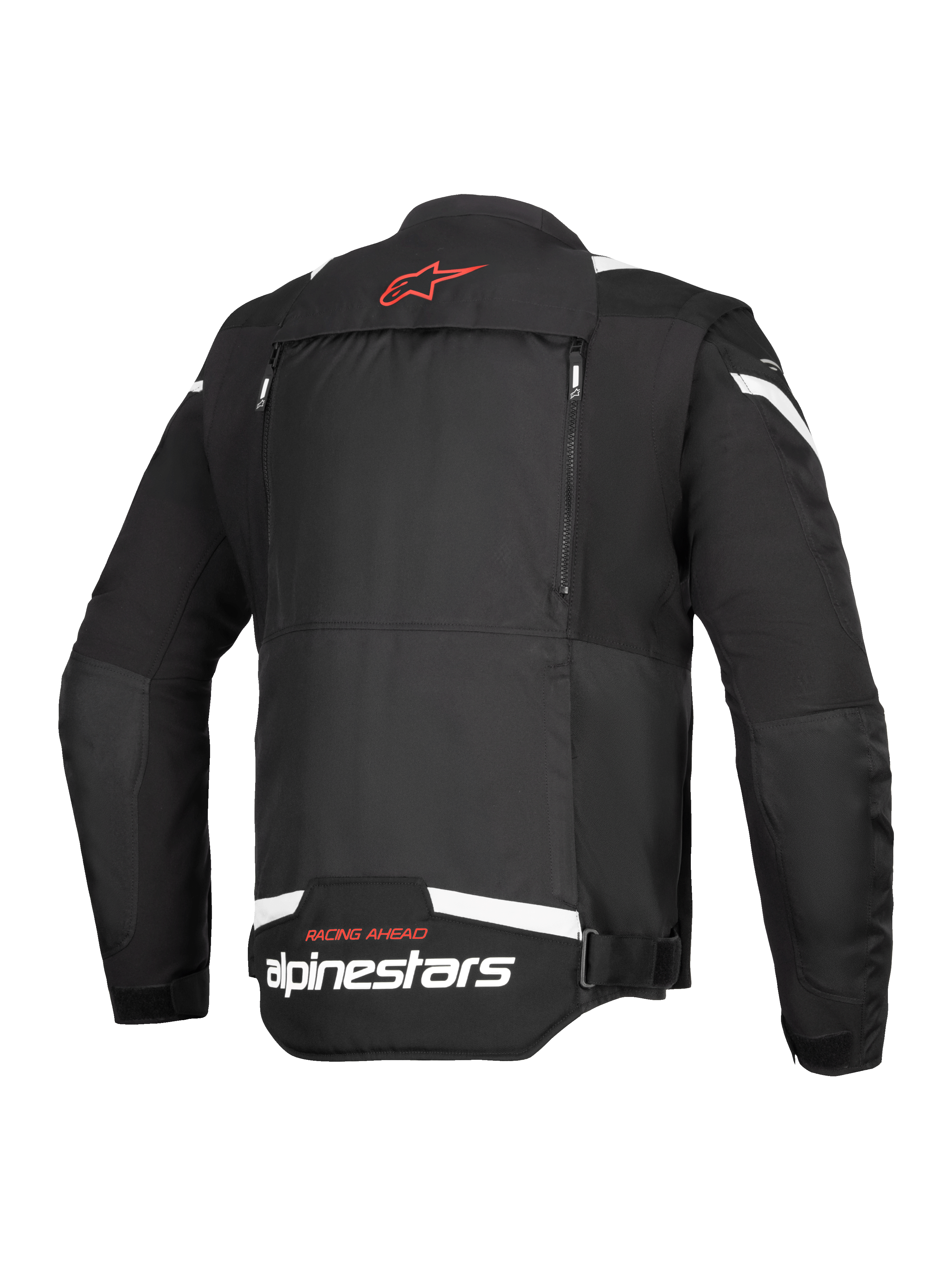 Veste Alpinestars T-Stunt Air, vue arrière, noir et blanc, avec un logo étoile rouge sur le col, un marquage blanc au bas du dos et des fermetures éclair verticales pour le système de flux d'air modulaire.