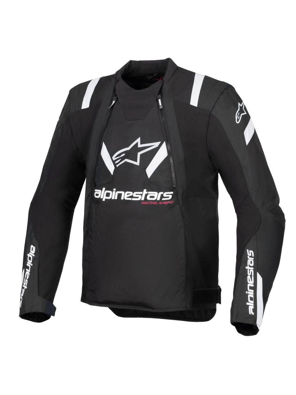 Veste Alpinestars T-Stunt Air, noir et blanc, vue de face d'une veste de moto à coupe sportive, avec un grand logo et le texte Alpinestars blancs sur la poitrine, des accents blancs sur les épaules et des panneaux en mesh pour une ventilation modulaire