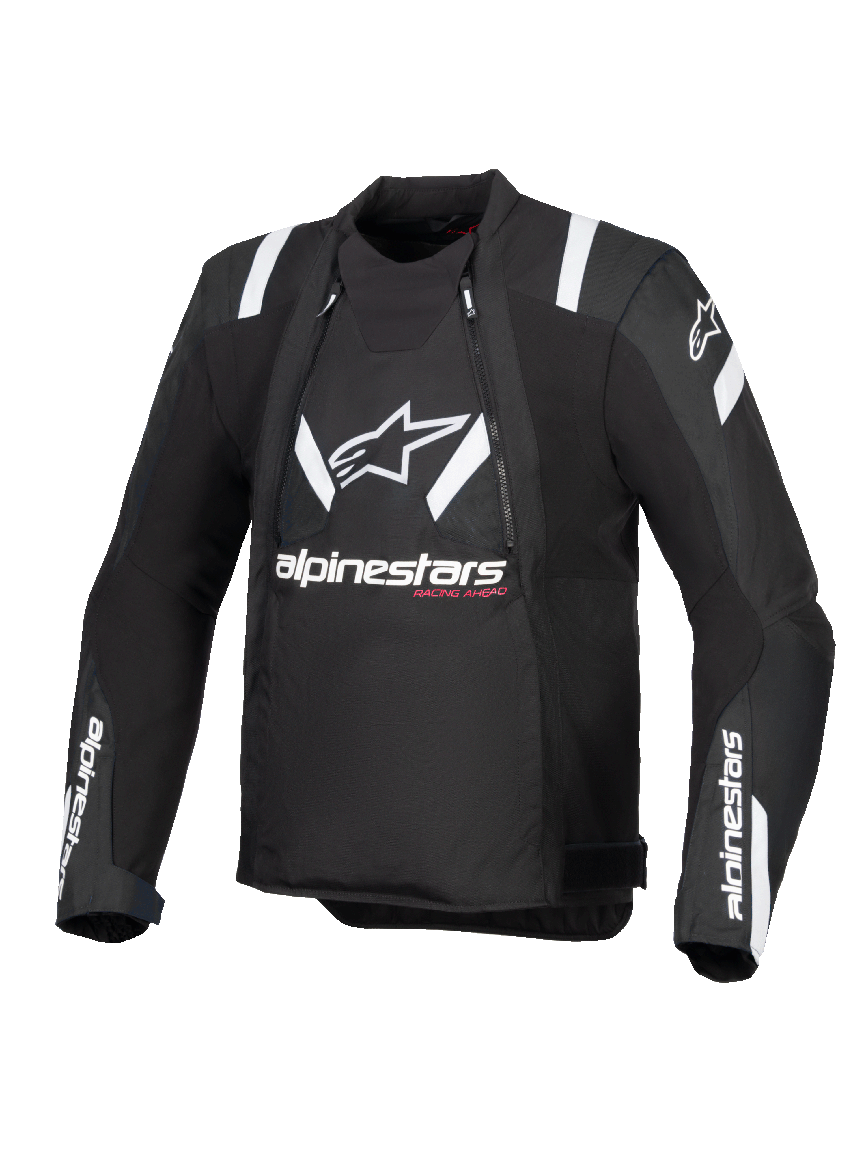 Veste Alpinestars T-Stunt Air, noir et blanc, vue de face d'une veste de moto à coupe sportive, avec un grand logo et le texte Alpinestars blancs sur la poitrine, des accents blancs sur les épaules et des panneaux en mesh pour une ventilation modulaire