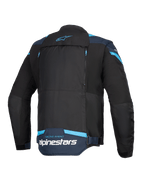 Alpinestars T-Stunt Air Jacke, Motorradjacke, Schwarz, Dunkelblau und Hellblau, Rückansicht mit großem modularem Rückenteil mit Reißverschlüssen, Alpinestars-Branding und „Racing Ahead“-Schriftzug am unteren Rücken.