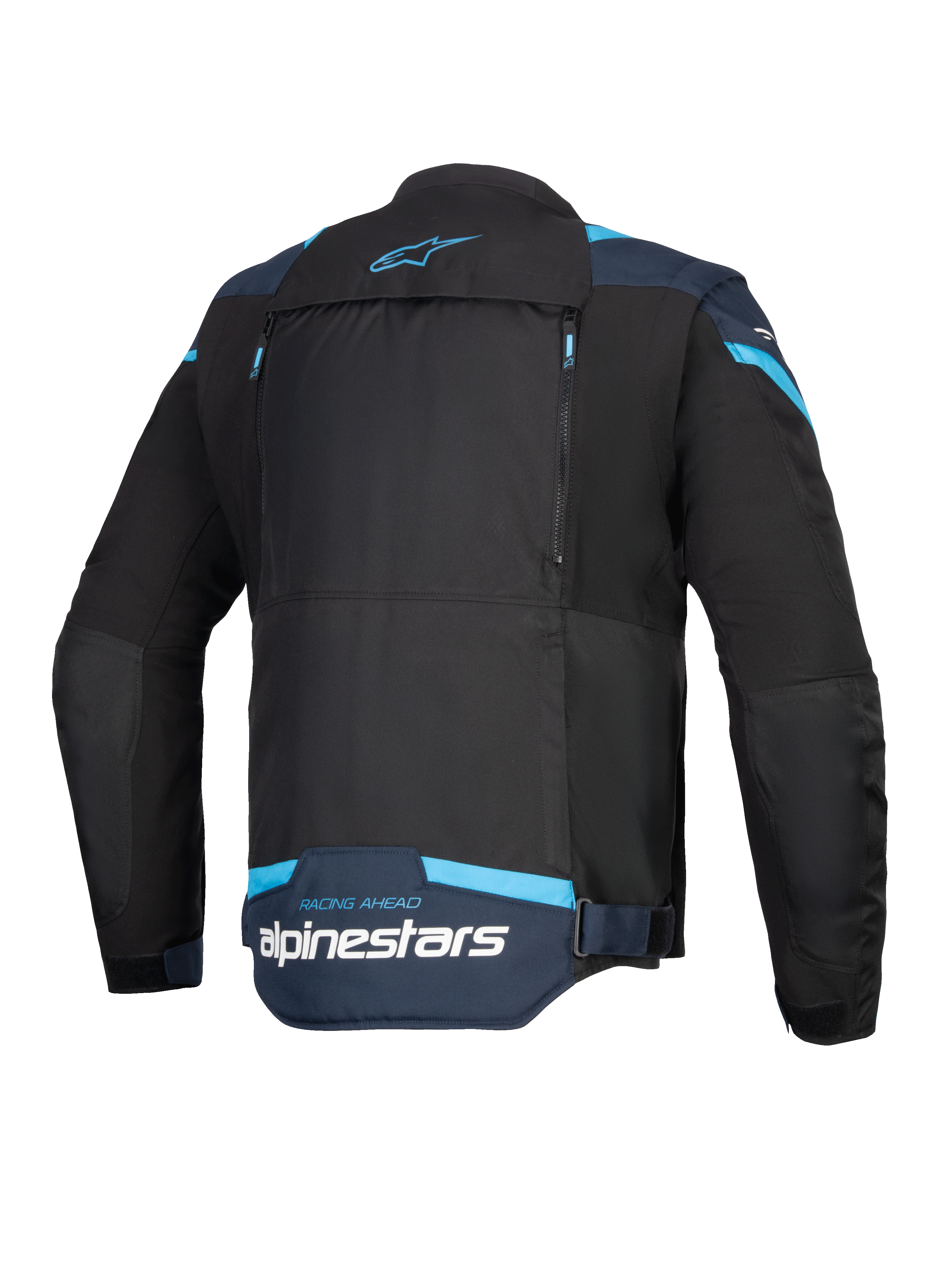 Alpinestars T-Stunt Air Jacke, Motorradjacke, Schwarz, Dunkelblau und Hellblau, Rückansicht mit großem modularem Rückenteil mit Reißverschlüssen, Alpinestars-Branding und „Racing Ahead“-Schriftzug am unteren Rücken.