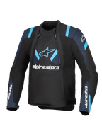 Alpinestars T-Stunt Air Jacke, Schwarz mit dunkelblauen und leuchtend blauen Akzenten, Textil-Motorradjacke mit modularen Mesh-Einsätzen, Alpinestars-Branding auf der Brust und den Ärmeln, schlankes Design im sportlichen Schnitt