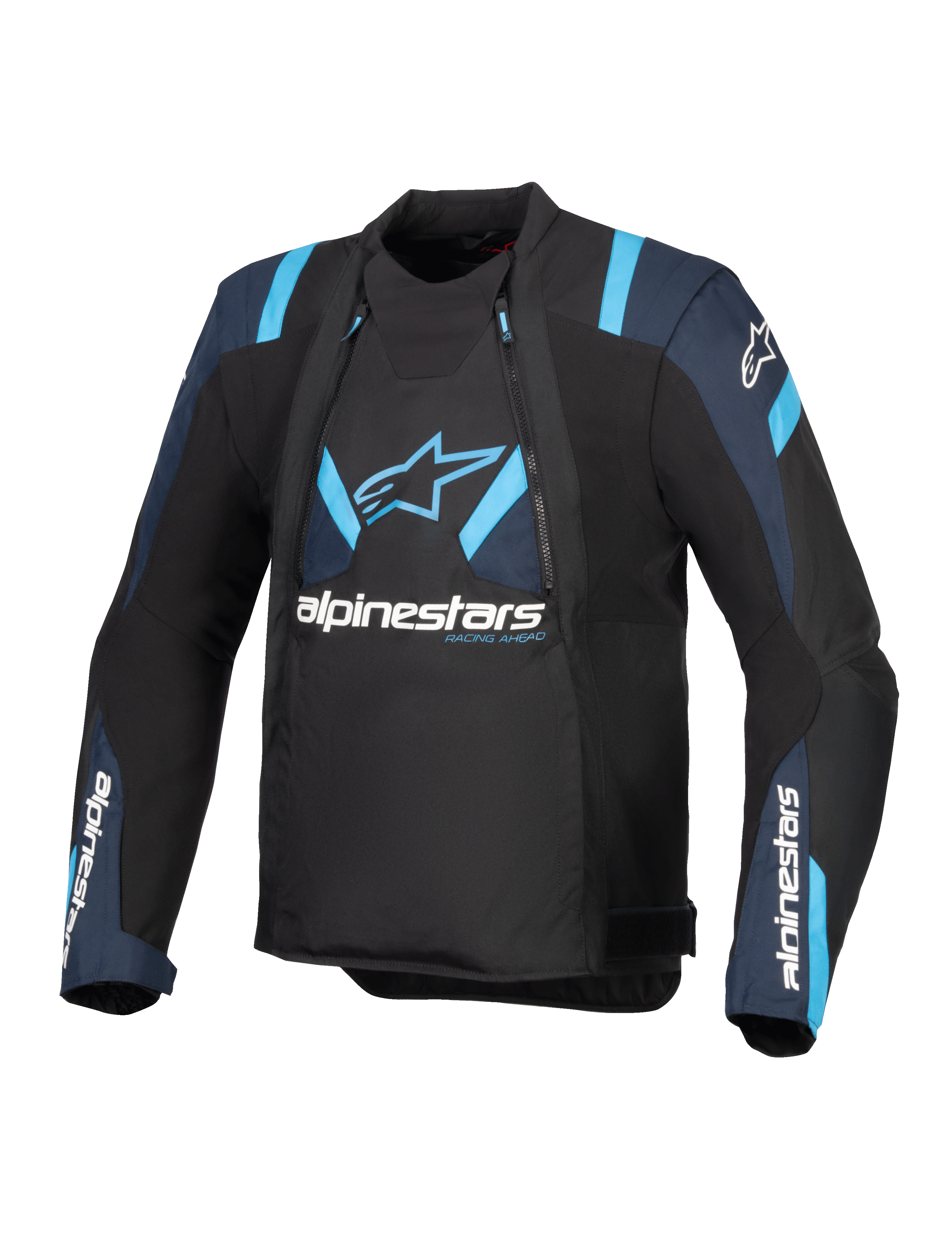 Alpinestars T-Stunt Air Jacke, Schwarz mit dunkelblauen und leuchtend blauen Akzenten, Textil-Motorradjacke mit modularen Mesh-Einsätzen, Alpinestars-Branding auf der Brust und den Ärmeln, schlankes Design im sportlichen Schnitt