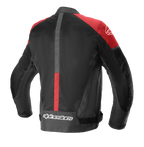 Alpinestars T-SP X Superair jas, textiel motorjas, zwart en felrood, achteraanzicht met grote mesh-panelen voor luchtstroom, rode accenten op de schouders en merknaam op de onderrug.