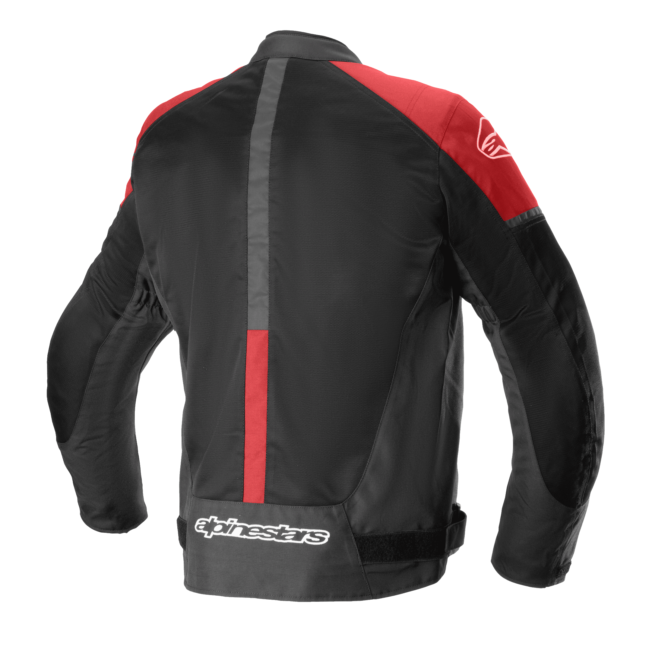 Alpinestars T-SP X Superair jas, textiel motorjas, zwart en felrood, achteraanzicht met grote mesh-panelen voor luchtstroom, rode accenten op de schouders en merknaam op de onderrug.