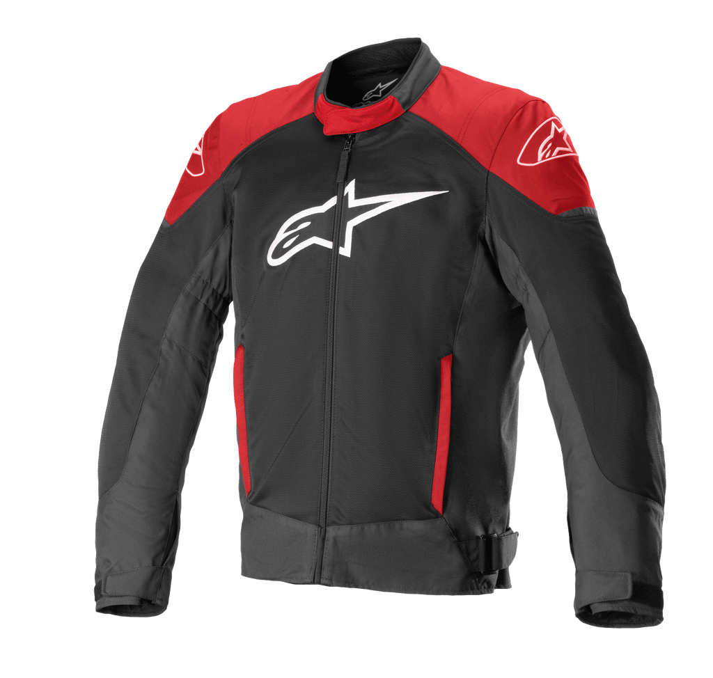 Alpinestars T-SP X Superair jas, motorjas, zwart en felrood, groot wit logo op de borst, rode panelen op de schouders en zakken, technisch mesh-materiaal voor ventilatie, sportieve pasvorm