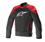 Alpinestars T-SP X Superair jas, motorjas, zwart en felrood, groot wit logo op de borst, rode panelen op de schouders en zakken, technisch mesh-materiaal voor ventilatie, sportieve pasvorm