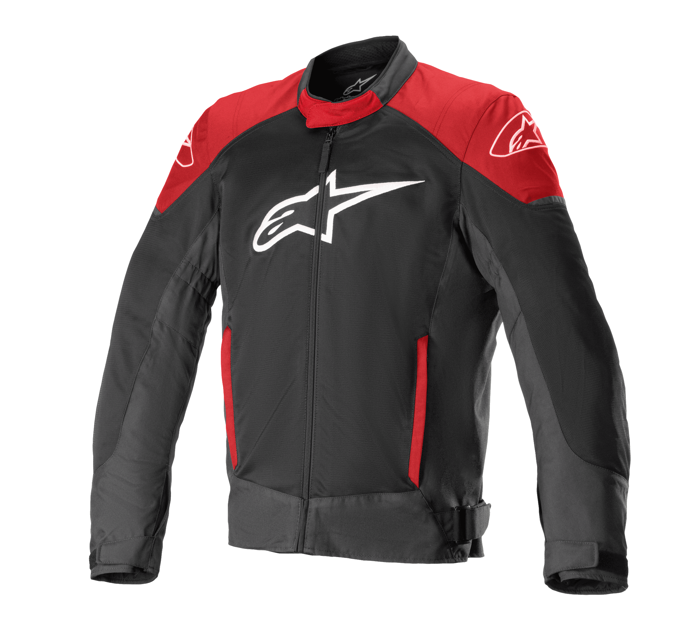 Alpinestars T-SP X Superair jas, motorjas, zwart en felrood, groot wit logo op de borst, rode panelen op de schouders en zakken, technisch mesh-materiaal voor ventilatie, sportieve pasvorm