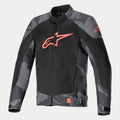 Alpinestars T-SP X Superair Jacket, Textile Motorcycle Jacket, Gray Camo and Red Fluo, featuring a large fluorescent red Alpinestars logo on a black mesh torso, camouflage patterned sleeves and shoulders, lightweight construction with high-flow ventilation panels