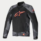 Alpinestars T-SP X Superair Jacket, Textile Motorcycle Jacket, Gray Camo and Red Fluo, featuring a large fluorescent red Alpinestars logo on a black mesh torso, camouflage patterned sleeves and shoulders, lightweight construction with high-flow ventilation panels