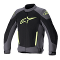 Alpinestars T-SP X Superair motorjas, textiele motorjas, Tar Gray en zwart met felgele accenten, met een groot geel logo op de borst, uitgebreide mesh-panelen voor ventilatie en een sportieve pasvorm voor zomerse ritten