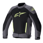 Alpinestars T-SP X Superair motorjas, textiele motorjas, Tar Gray en zwart met felgele accenten, met een groot geel logo op de borst, uitgebreide mesh-panelen voor ventilatie en een sportieve pasvorm voor zomerse ritten