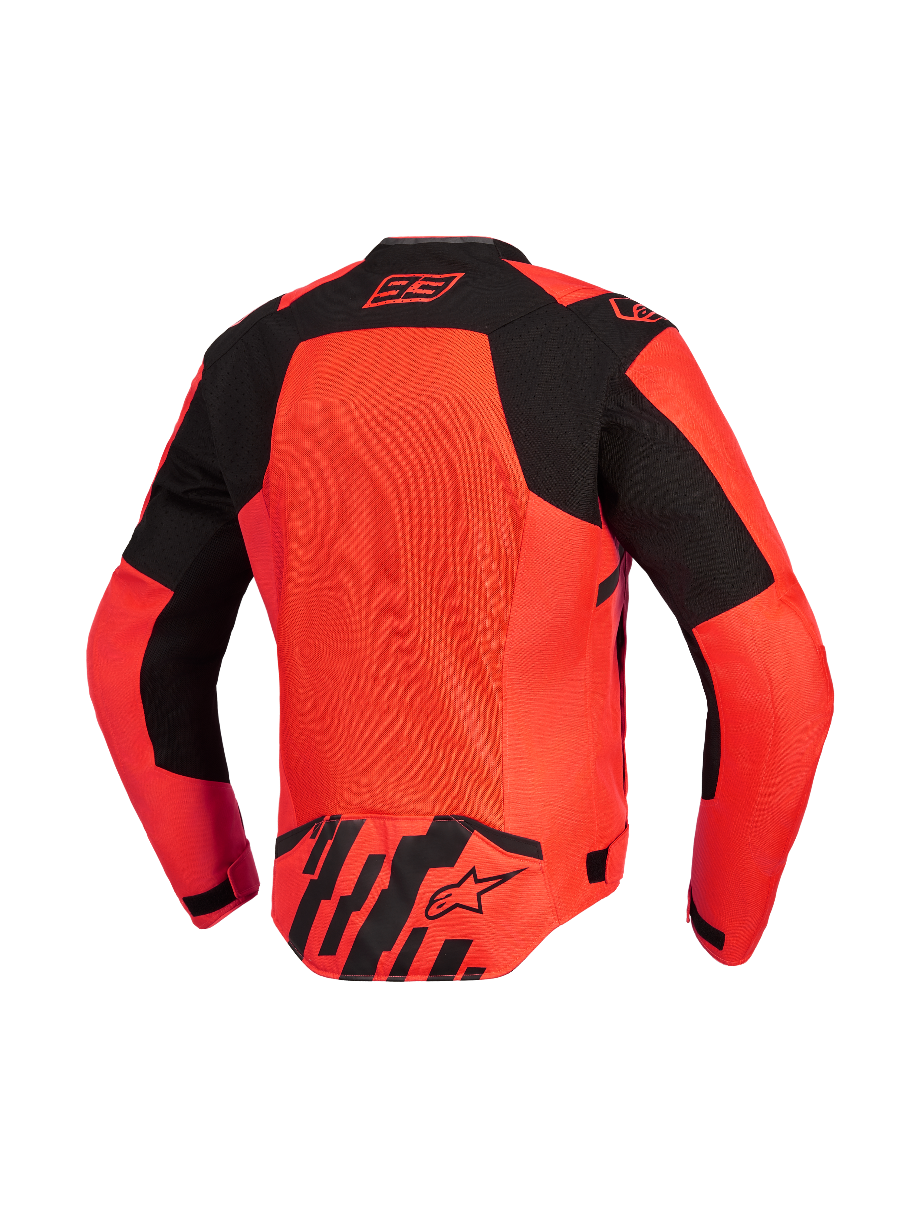 Alpinestars MM93 T-SPS Air V2 Jas, achteraanzicht, Red Fluo en zwart, motorjas met een groot mesh ventilatiepaneel, kenmerkend Marc Marquez 93-logo op de kraag en Alpinestars-logo op de onderrug