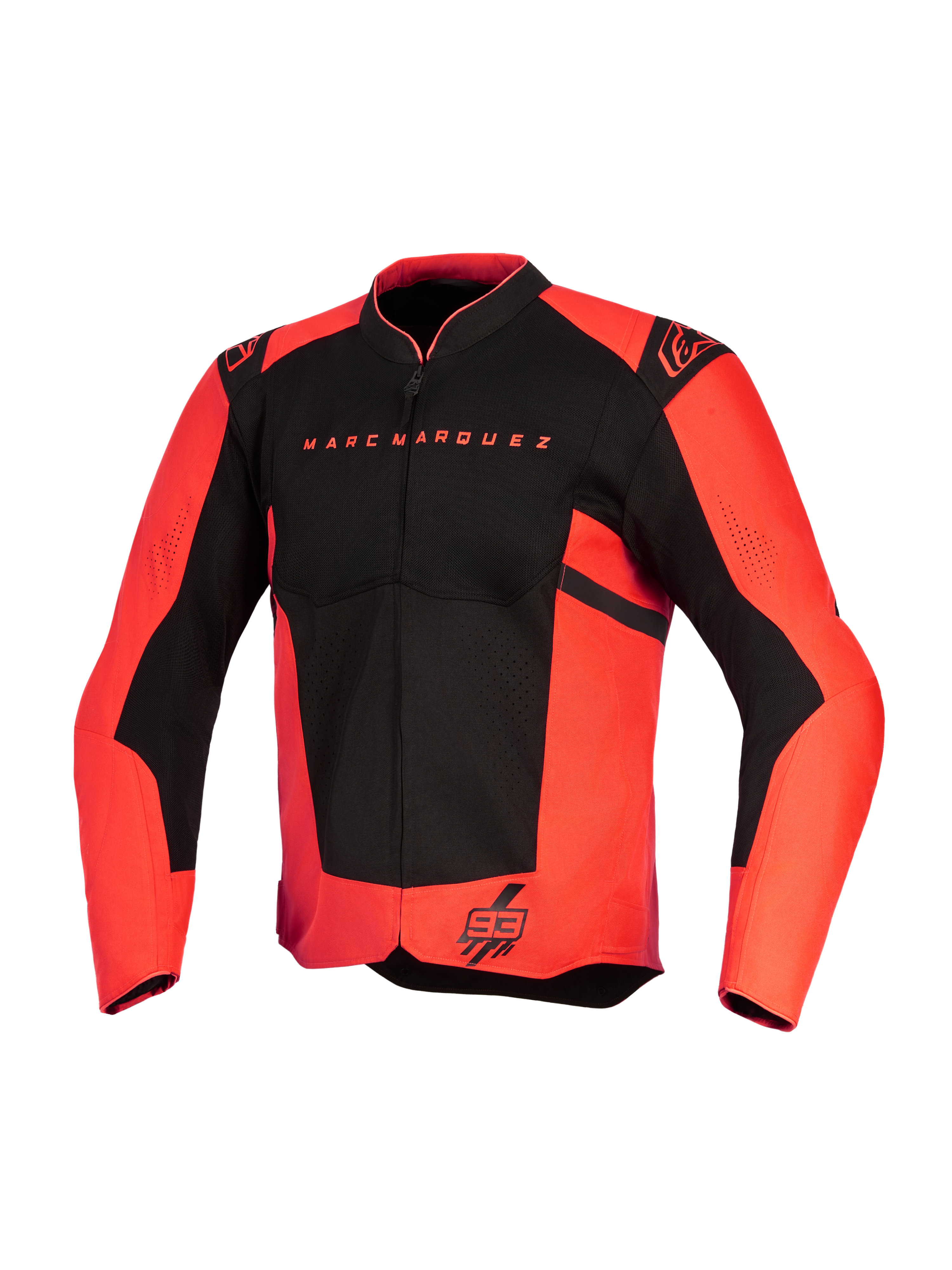 Alpinestars MM93 T-SPS Air V2 jas, motorjas, fluorood en zwart, met Marc Marquez-tekst op de borst en 93-logo op de zoom, Alpinestars-logo's op de schouders, mesh-panelen voor luchtstroom, sportief textiel ontwerp