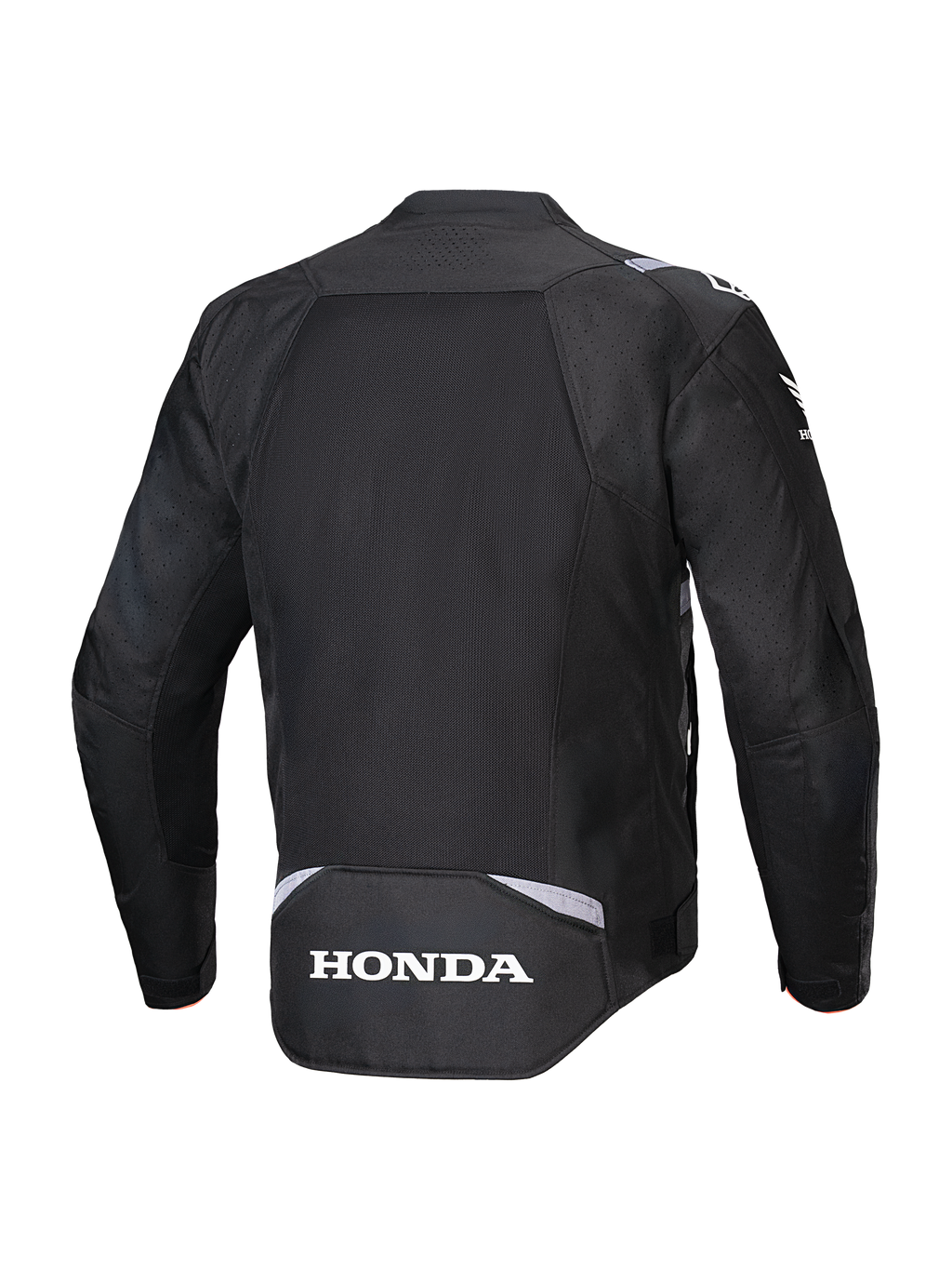 Alpinestars Honda T-SPS Air V2 Jas, zwart, achteraanzicht met een groot mesh-paneel op de rug voor luchtstroom, wit Honda-logo op de onderrug en Alpinestars-branding op de schouders, textiele motorjas voor de zomer.