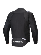 Alpinestars Honda T-SPS Air V2 Jas, zwart, achteraanzicht met een groot mesh-paneel op de rug voor luchtstroom, wit Honda-logo op de onderrug en Alpinestars-branding op de schouders, textiele motorjas voor de zomer.