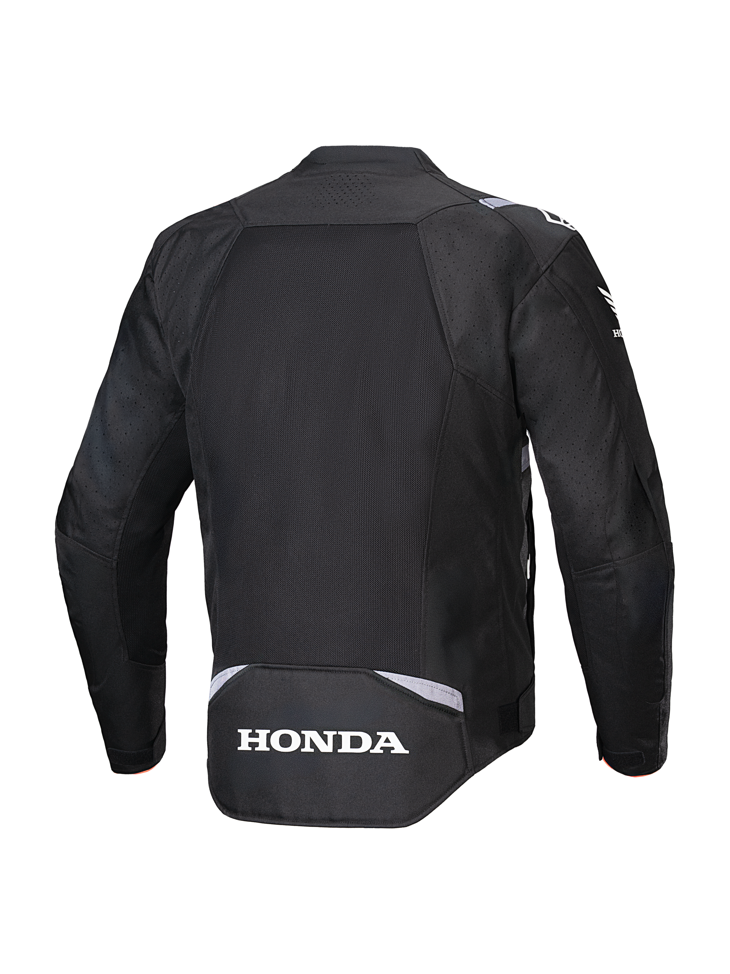 Alpinestars Honda T-SPS Air V2 Jas, zwart, achteraanzicht met een groot mesh-paneel op de rug voor luchtstroom, wit Honda-logo op de onderrug en Alpinestars-branding op de schouders, textiele motorjas voor de zomer.