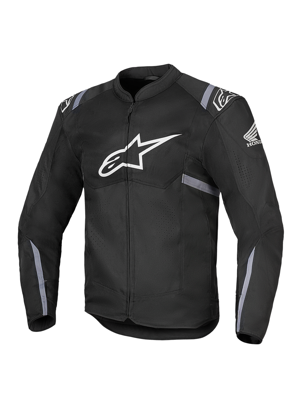 Alpinestars Honda T-SPS Air V2 motorjas, zwarte textiele motorjas met een groot wit Alpinestars-logo op de borst en Honda-vleugellogo op de mouw, voorzien van geperforeerde mesh-panelen voor ademend vermogen, grijze reflecterende strepen op de mouwen en taille, en een ritssluiting aan de voorzijde.