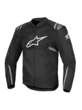 Alpinestars Honda T-SPS Air V2 motorjas, zwarte textiele motorjas met een groot wit Alpinestars-logo op de borst en Honda-vleugellogo op de mouw, voorzien van geperforeerde mesh-panelen voor ademend vermogen, grijze reflecterende strepen op de mouwen en taille, en een ritssluiting aan de voorzijde.