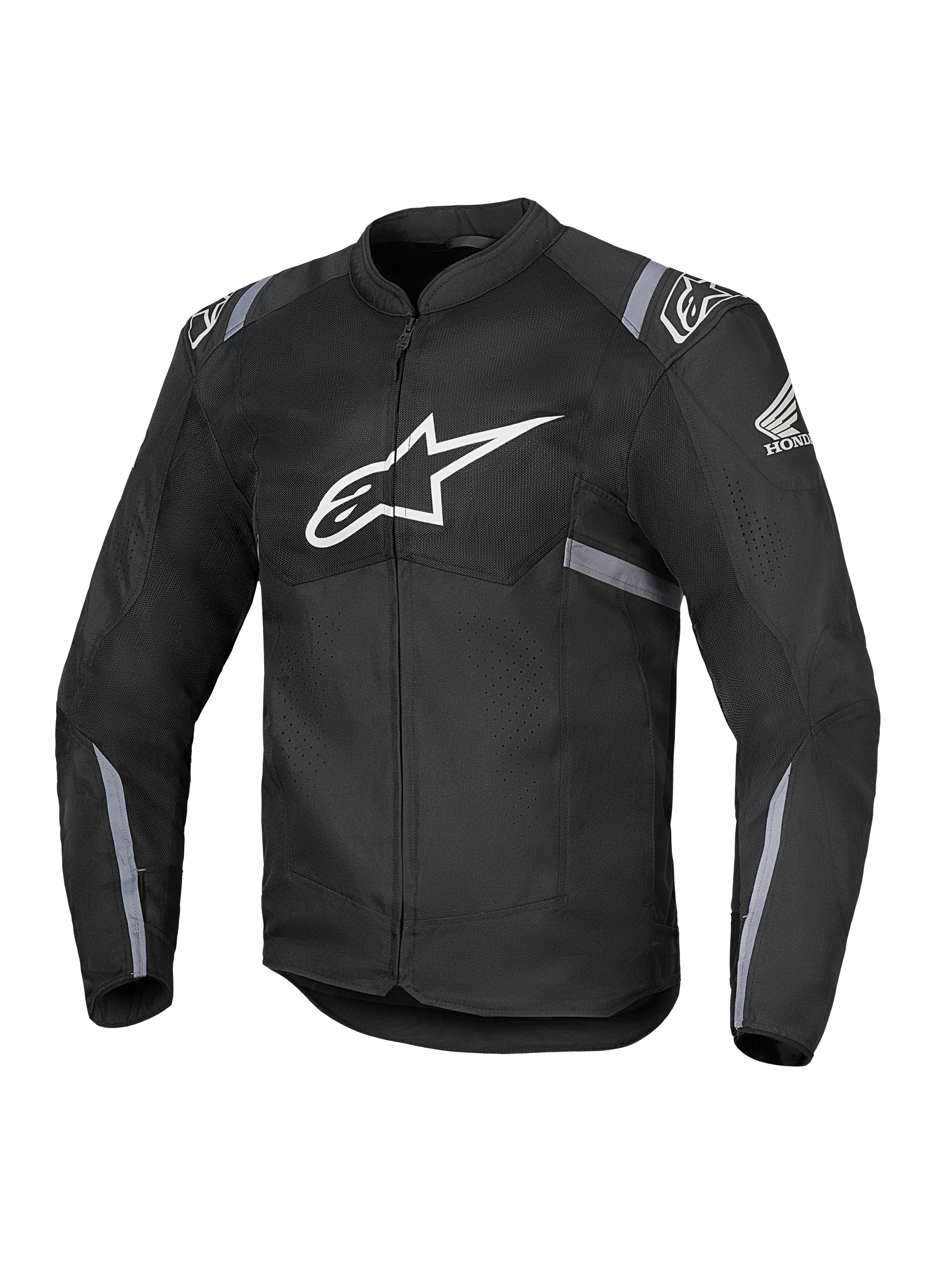 Alpinestars Honda T-SPS Air V2 motorjas, zwarte textiele motorjas met een groot wit Alpinestars-logo op de borst en Honda-vleugellogo op de mouw, voorzien van geperforeerde mesh-panelen voor ademend vermogen, grijze reflecterende strepen op de mouwen en taille, en een ritssluiting aan de voorzijde.