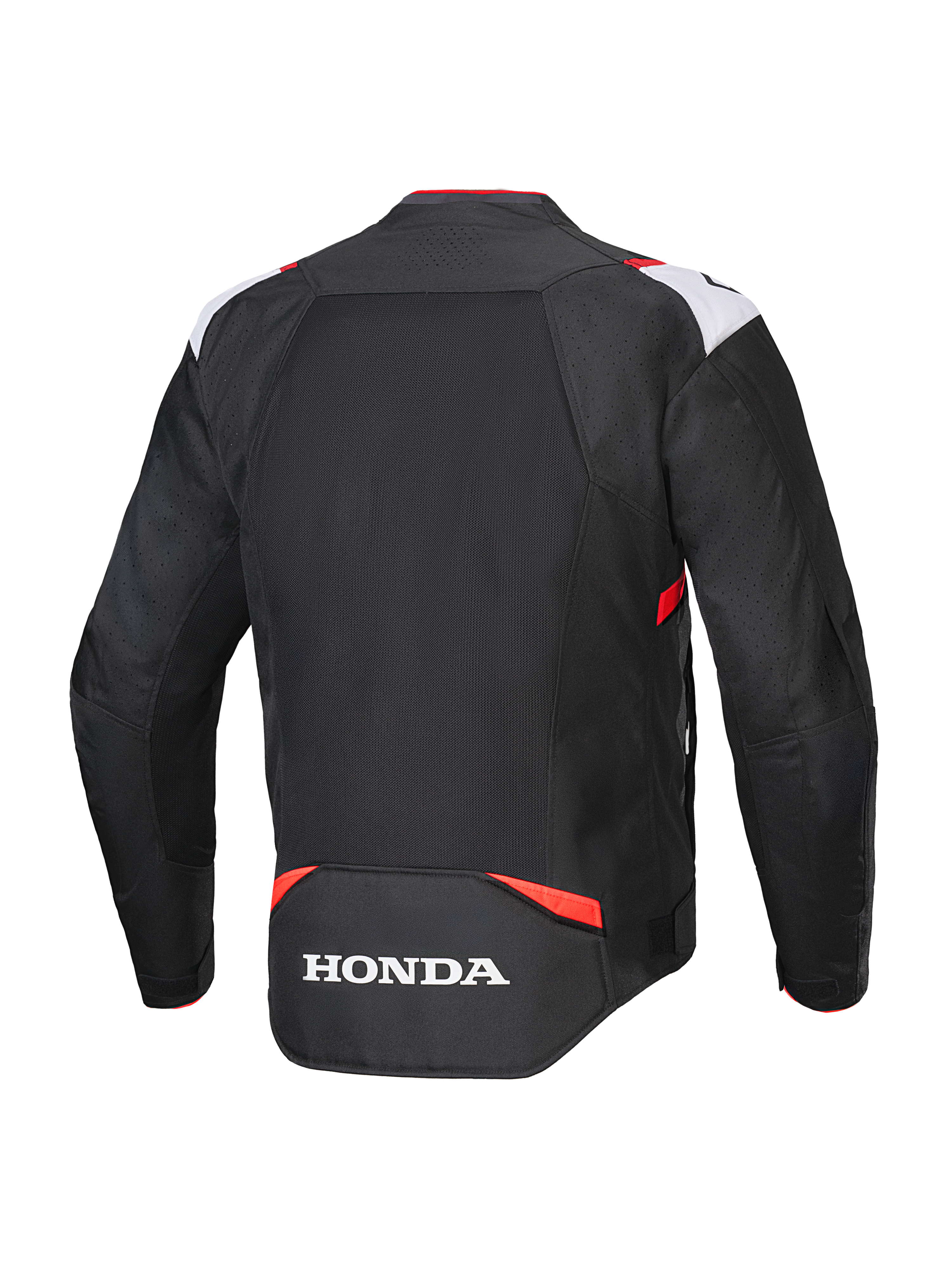 Alpinestars Honda T-SPS Air V2 Jas, textiele motorjas, zwart, wit en felrood, achteraanzicht met groot mesh-paneel voor luchtstroom en wit Honda-logo op de onderrug, sportief ontwerp voor stedelijk rijden in de zomer