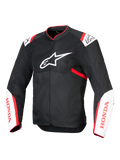 Alpinestars Honda T-SPS Air V2 motorjas, textiel motorjas, zwart met witte en felrode accenten, voorzien van geventileerde tech mesh-panelen, Alpinestars-logo op de borst en rode Honda-branding op de mouwen, sportief urban design voor optimale luchtstroom