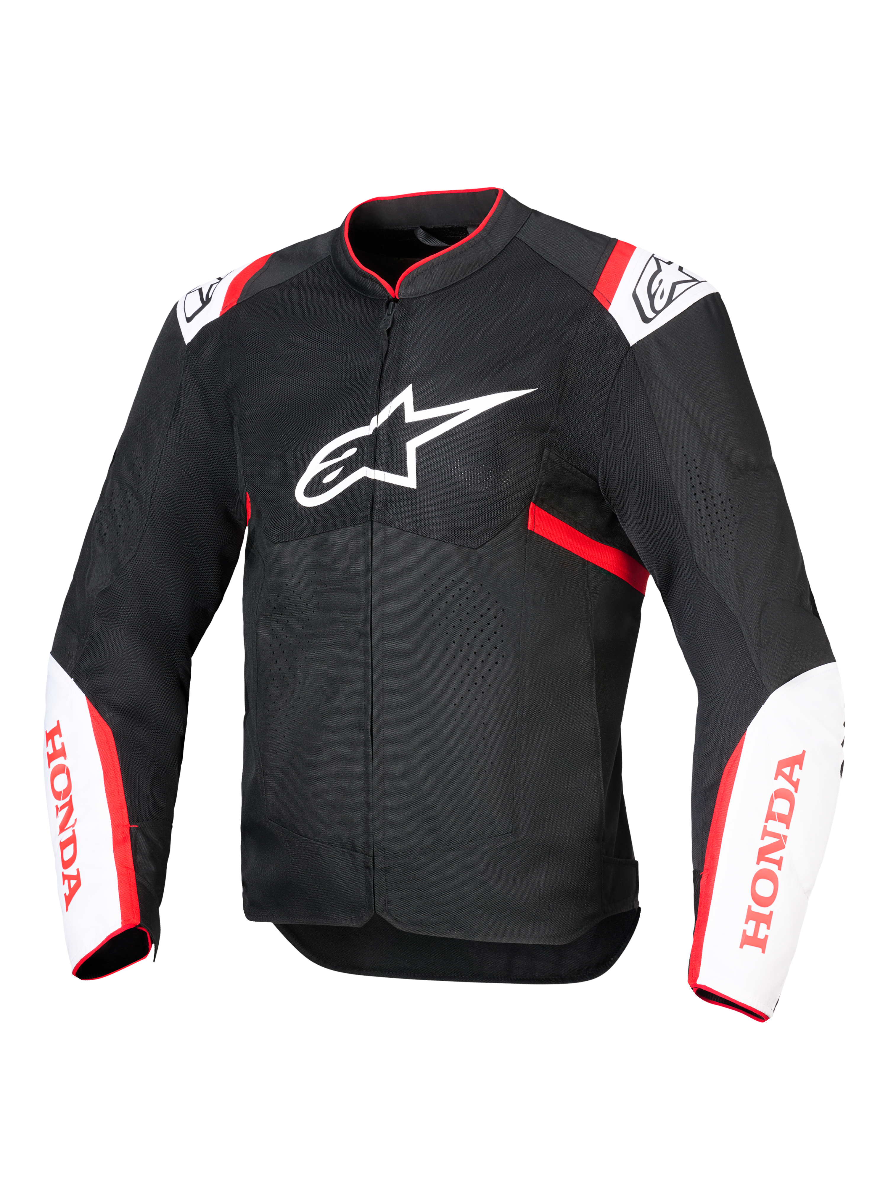Blouson Alpinestars Honda T-SPS Air V2, blouson de moto en textile, noir avec accents blanc et rouge vif, doté de panneaux en mesh technique ventilés, logo Alpinestars sur la poitrine et marquage Honda rouge sur les manches, design urbain sportif pour une circulation d'air optimale