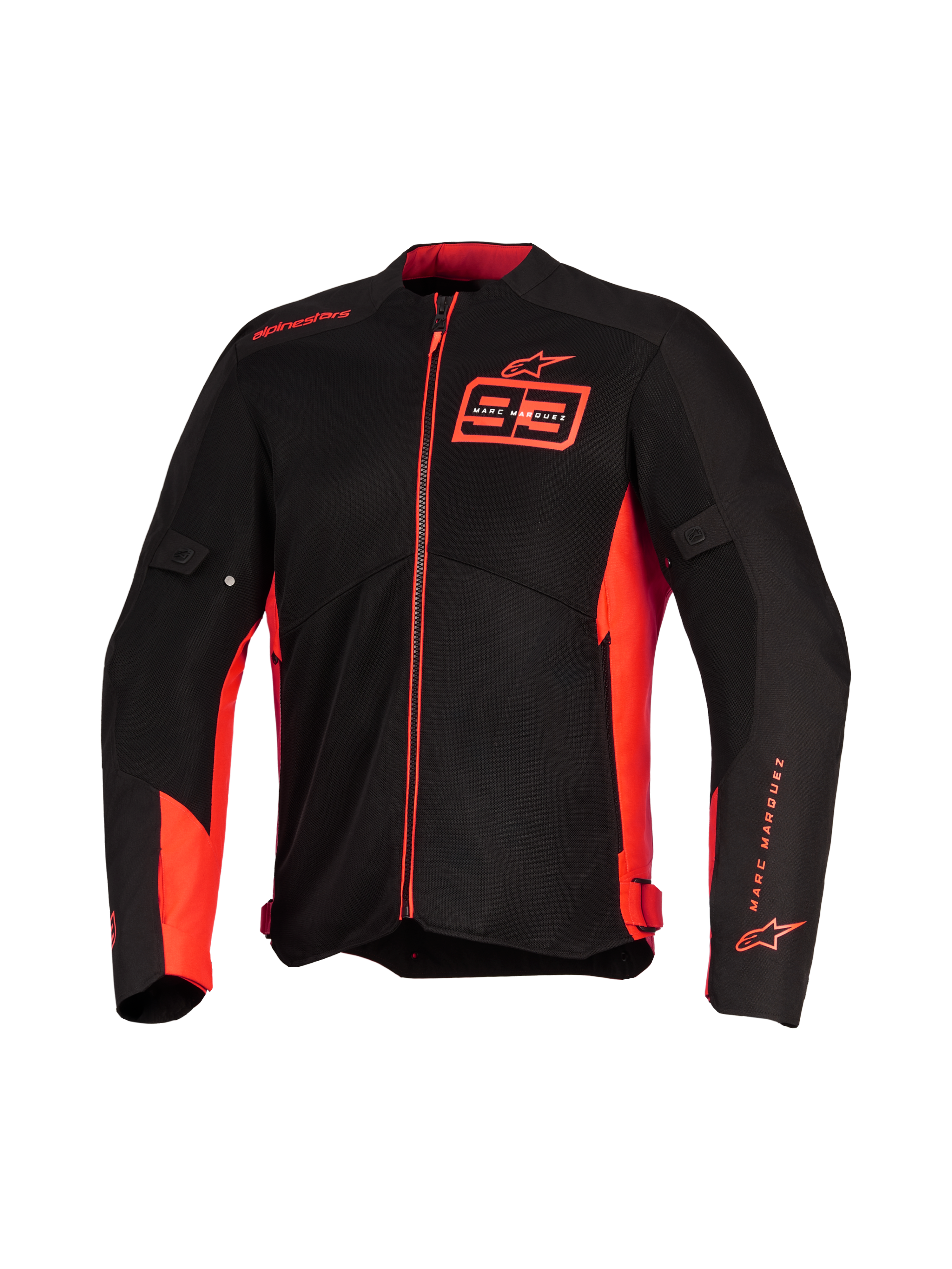 Alpinestars MM93 C-1 Air Jas, motorjas, rood fluo, felrood en zwart, voorzien van Marc Marquez 93-branding op de borst en mouw, technische mesh-panelen voor luchtstroom, strak urban design