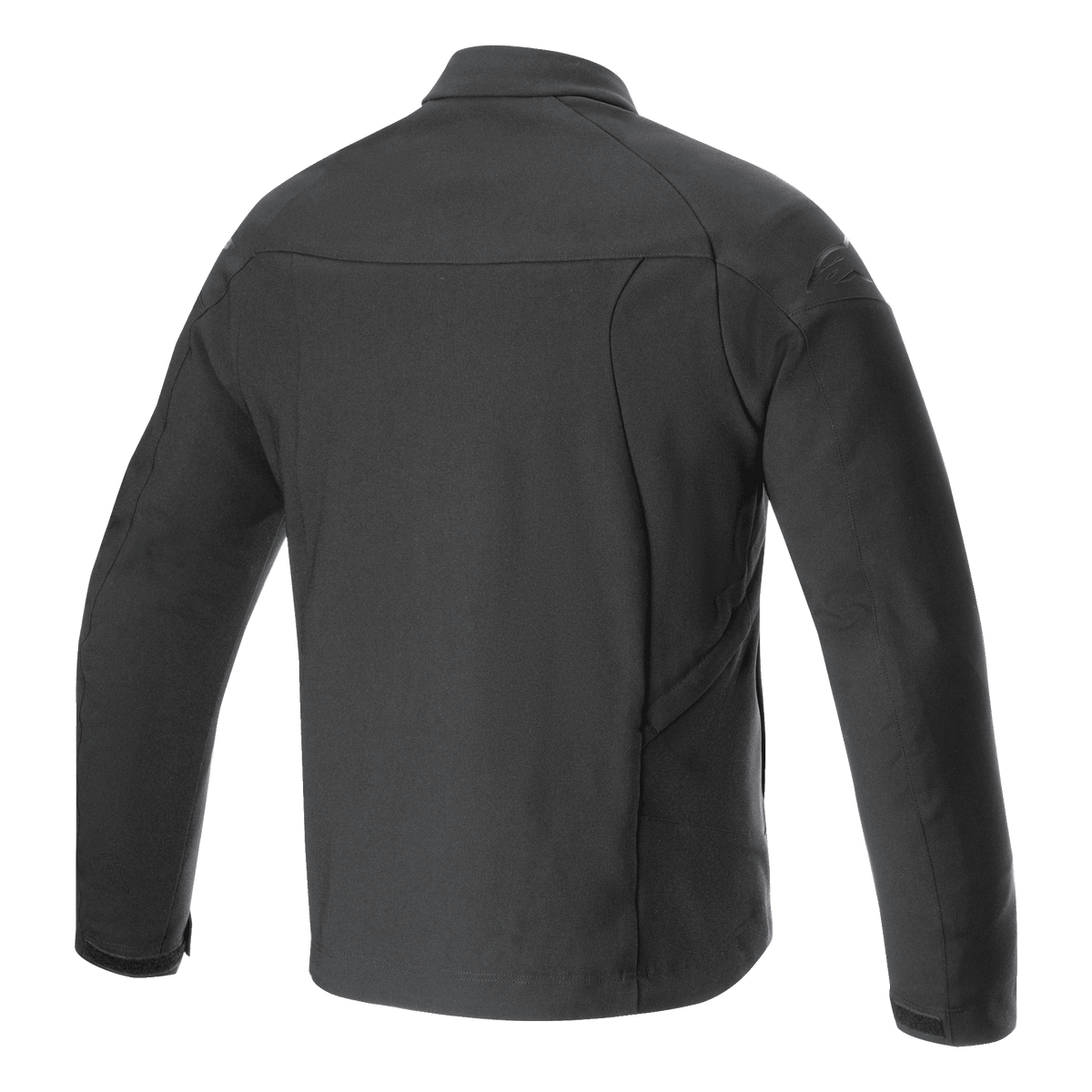 Alpinestars Aeron Jacke, Motorradjacke, Schwarz, Rückansicht mit einer minimalistischen urbanen Silhouette, Konstruktion aus atmungsaktivem Full-Stretch-Poly-Gewebe, dezentes geprägtes Logo auf der Schulter, Sommer-Fahrausrüstung.