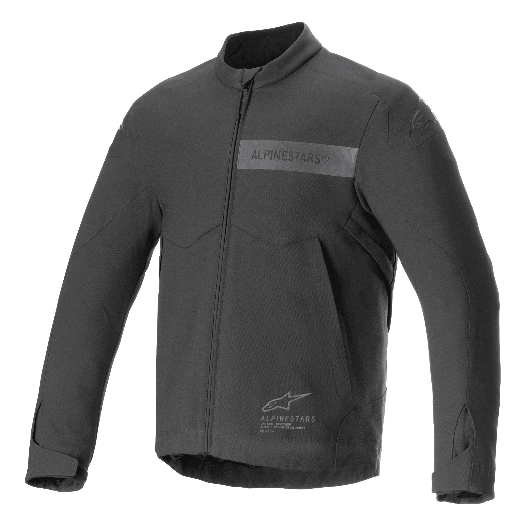 Alpinestars Aeron Jacke, Motorradjacke, Schwarz, minimalistisches Design für sommerliche Fahrten, hoher Kragen, durchgehender Frontreißverschluss, tonales Alpinestars-Logo auf der Brust, verstellbare Bündchen