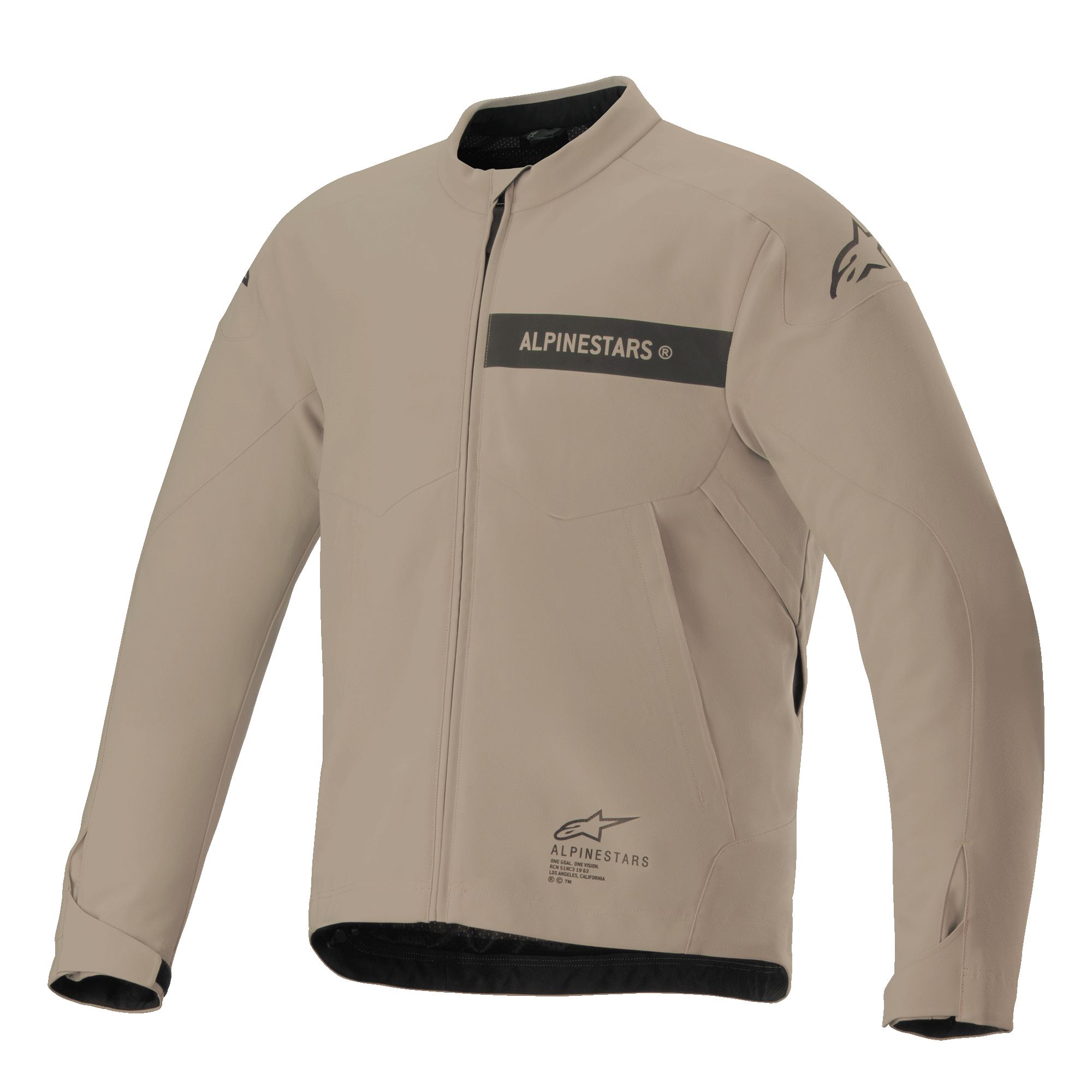 Veste Alpinestars Aeron, veste de moto urbaine, beige et noir, construction textile minimaliste avec marquage par bande sur la poitrine, fermeture éclair frontale et poignets ajustables