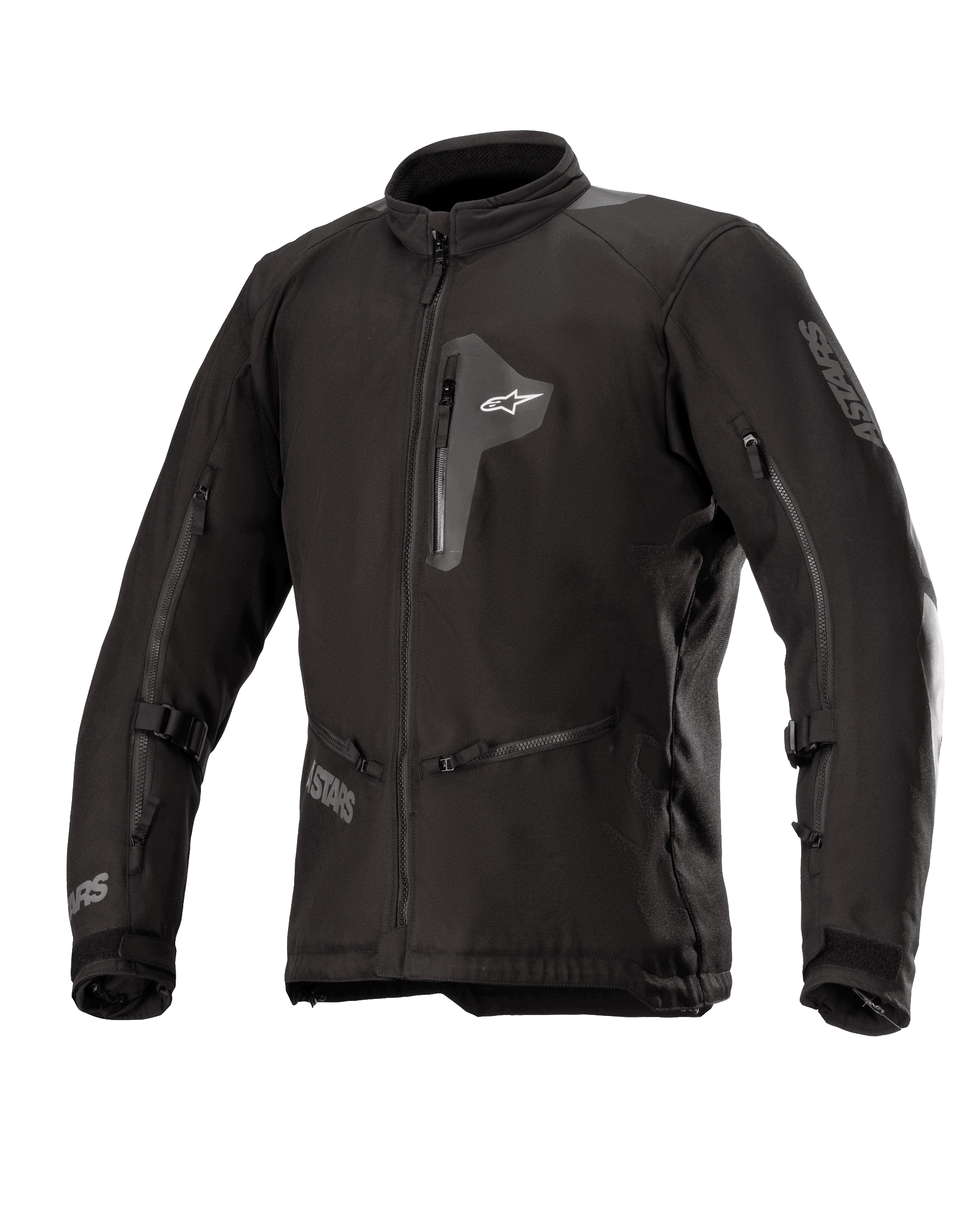 Alpinestars Venture XT Jacket, Black textile motorcycle jacket, front view showing zippered chest pocket and large sleeve vents, adjustable straps on arms, high collar, water-resistant construction for adventure touring.