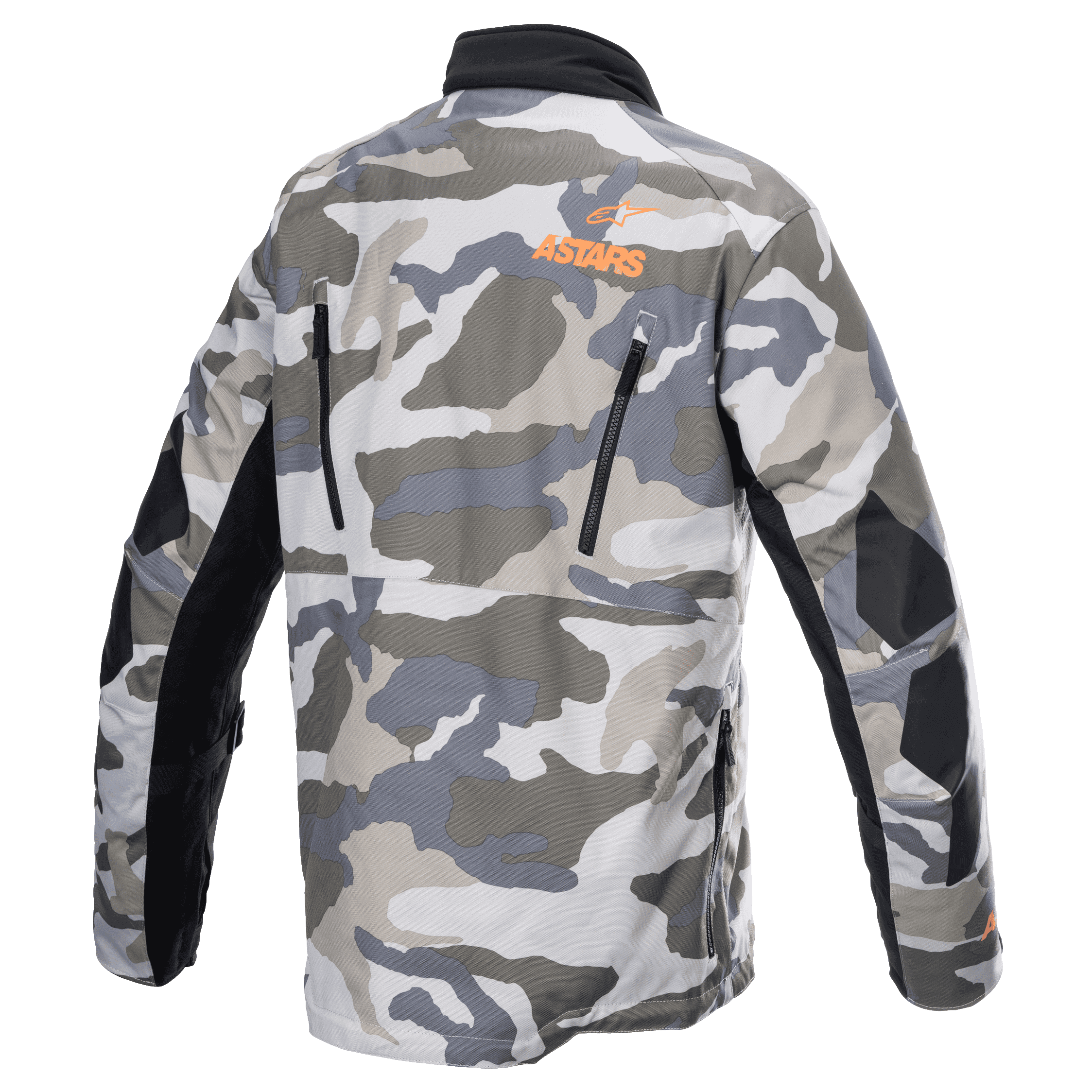 Alpinestars Venture XT Jas, Mojave Camo Orange Fluo, achteraanzicht met grijs en wit camouflagepatroon, oranje ASTARS-logo op de bovenrug, zwarte ventilatieritsen en versterkte armpanelen, adventure touring motorjas