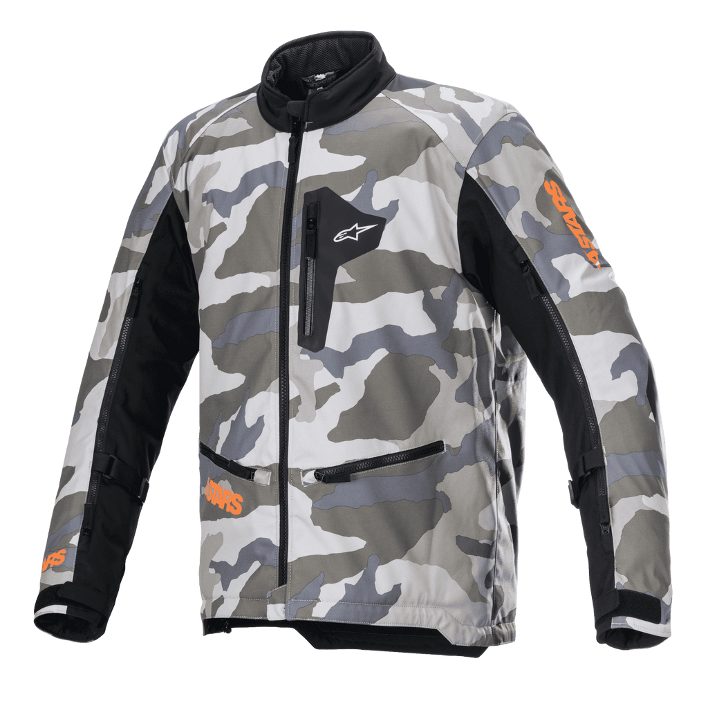 Alpinestars Venture XT jas, adventure touring motorjas, Mojave Camo in grijstinten en wit met fluoranje accenten, zwarte textielpanelen op de mouwen, borst- en taillezakken met ritssluiting, hoge kraag, duurzame textielconstructie voor off-road avonturen