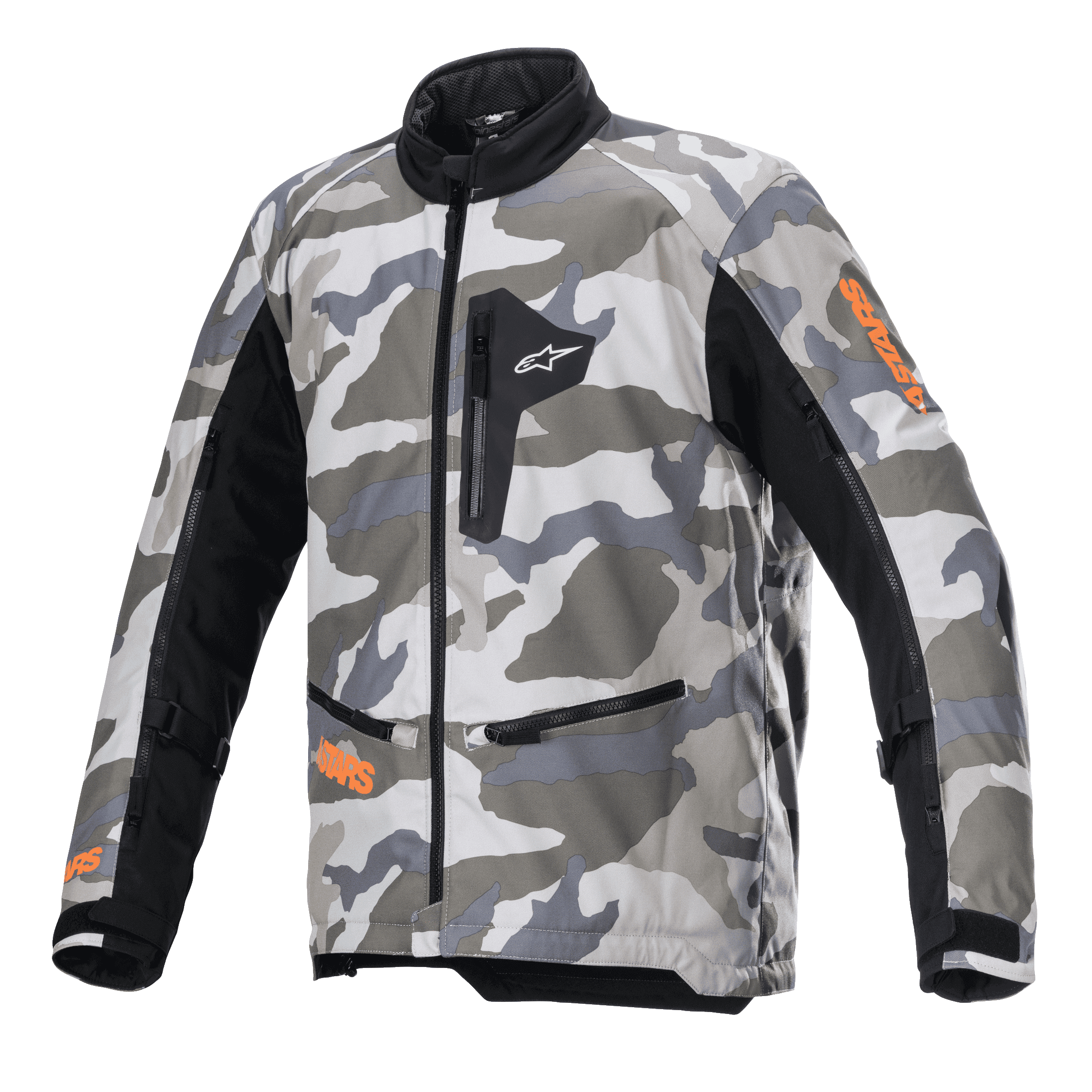 Alpinestars Venture XT jas, adventure touring motorjas, Mojave Camo in grijstinten en wit met fluoranje accenten, zwarte textielpanelen op de mouwen, borst- en taillezakken met ritssluiting, hoge kraag, duurzame textielconstructie voor off-road avonturen