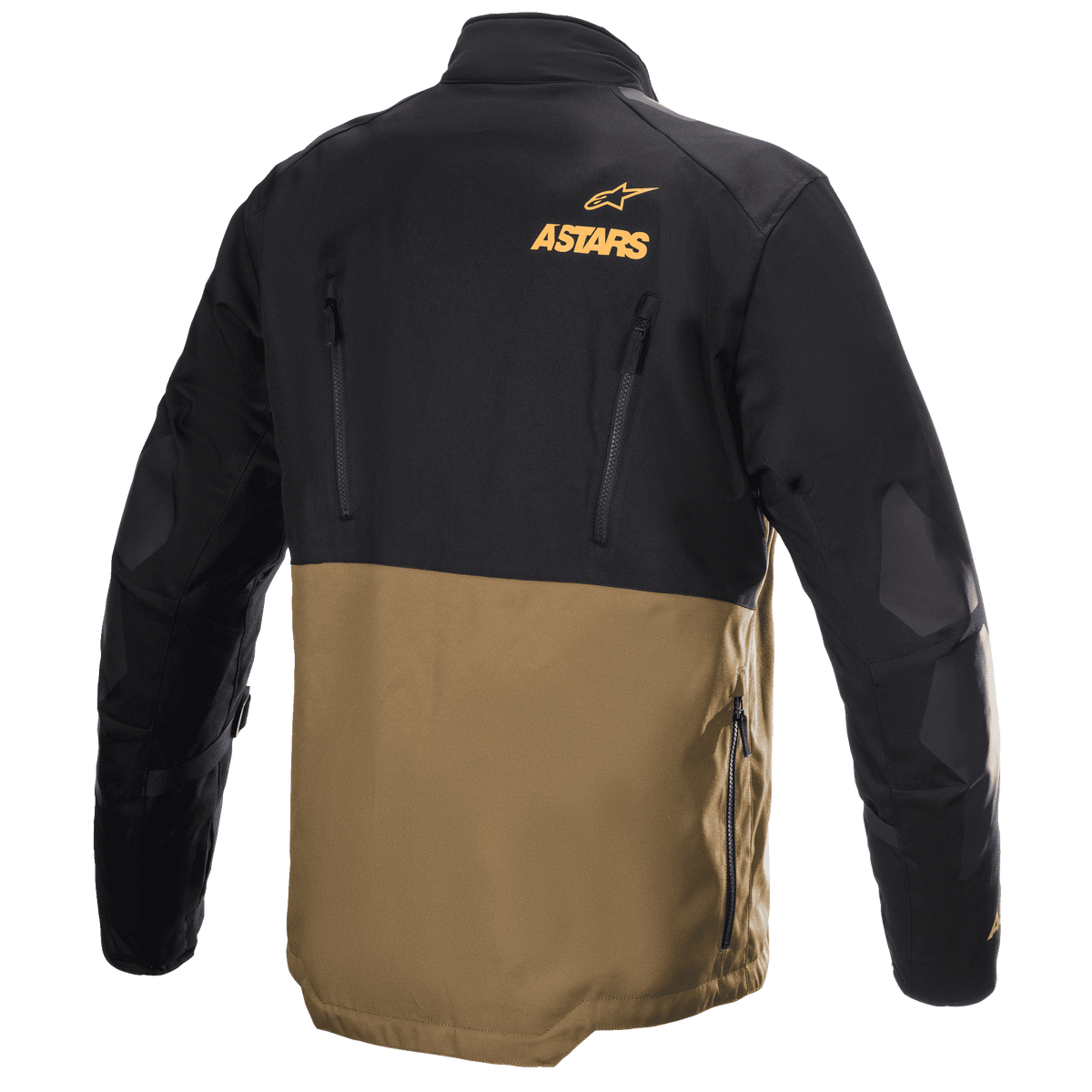 Alpinestars Venture XT Jacke, Adventure-Touren-Motorradjacke, Camel und Schwarz, Rückansicht mit orangem Astars-Logo, vertikalen Belüftungsreißverschlüssen und verstärkten Ellbogenpaneelen