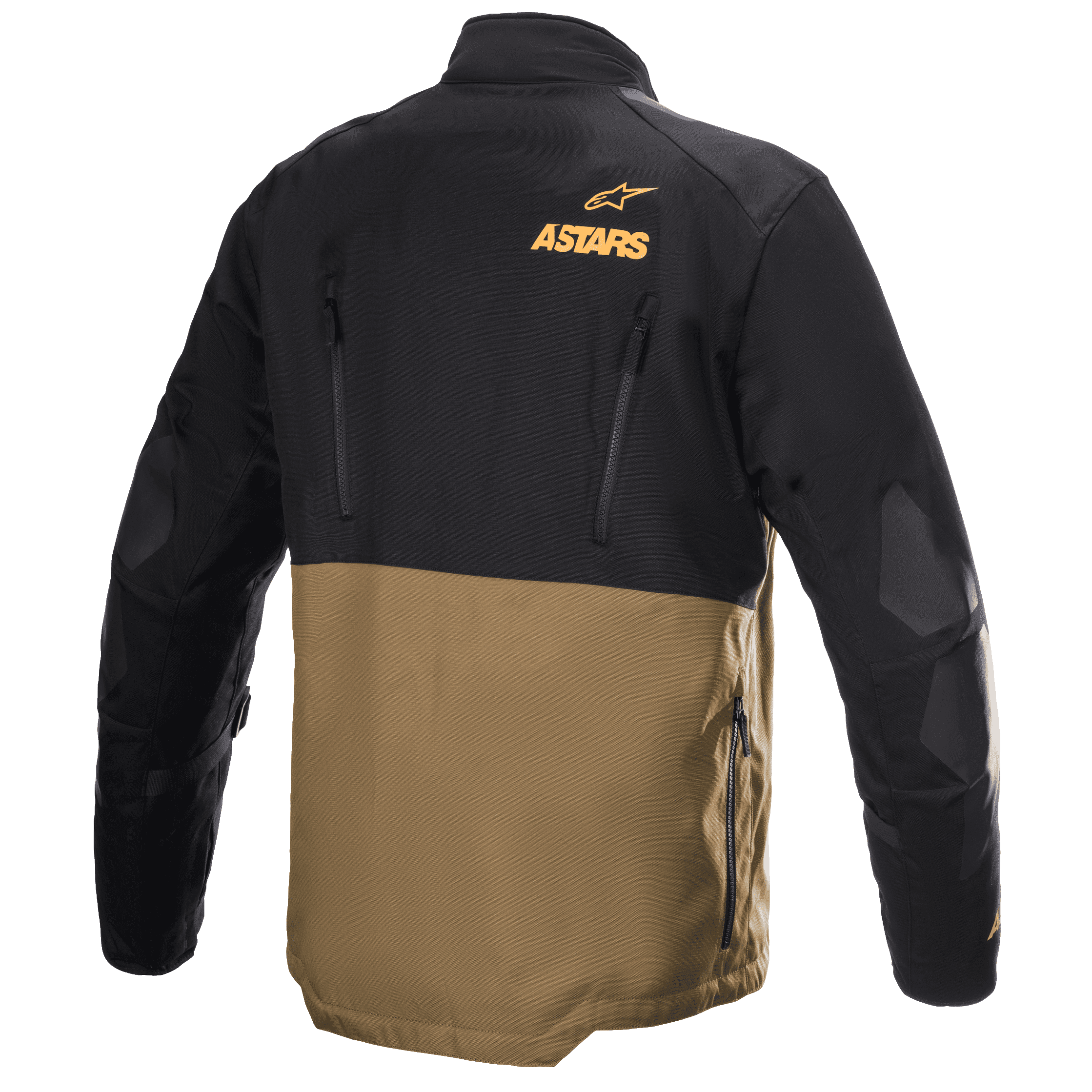 Alpinestars Venture XT Jacke, Adventure-Touren-Motorradjacke, Camel und Schwarz, Rückansicht mit orangem Astars-Logo, vertikalen Belüftungsreißverschlüssen und verstärkten Ellbogenpaneelen