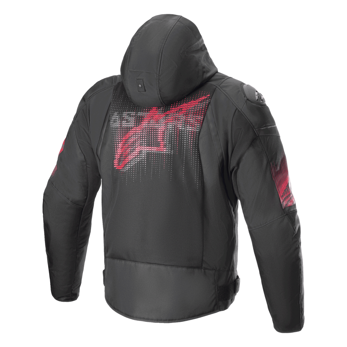 Alpinestars Zaca Air Venom WP Jacke, Schwarz und Hellrot, Rückansicht mit einem großen stilisierten roten Logo auf dem Rücken, Textil-Motorradjacke mit 3D-Mesh-Einsätzen, abnehmbarer Kapuze und DFS Lite Schulterschleifern, Sport-Motorradbekleidung.