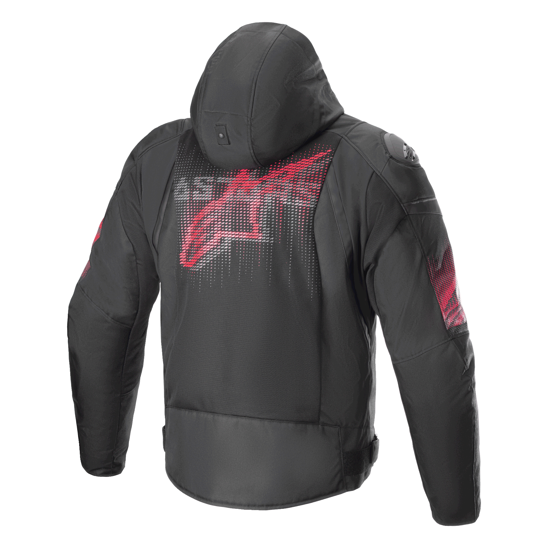 Alpinestars Zaca Air Venom WP Jas, zwart en felrood, achteraanzicht met een groot gestileerd rood logo op de rug, textiele motorjas met 3D mesh panelen, afneembare capuchon en DFS Lite schoudersliders, sportieve motorrijkleding