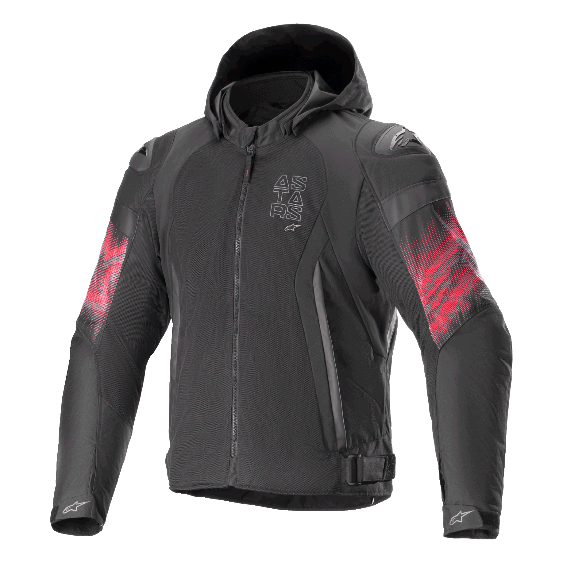 Alpinestars Zaca Air Venom WP Jacke, Textil-Motorradjacke, Schwarz und Hellrot, rote Farbverlauf-Grafiken an den Ärmeln, vertikales ASTARS-Brustlogo, Kapuzendesign mit Mesh-Konstruktion zur Belüftung, sportliche Motorradbekleidung