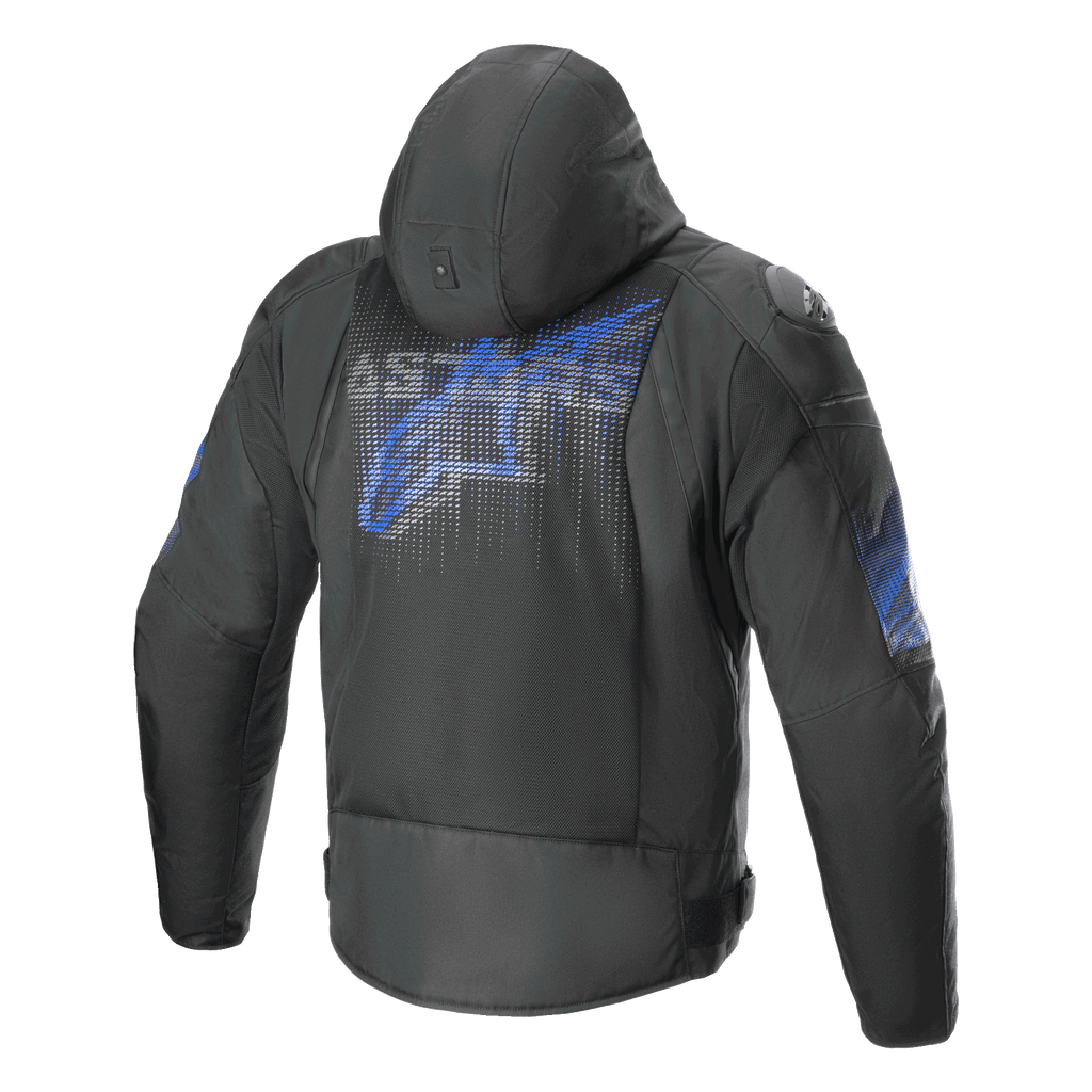 Alpinestars Zaca Air Venom Jacke, Herren-Motorradjacke mit Kapuze, Rückansicht, Schwarz und Elektroblau, mit 3D-Mesh-Belüftung und CE-zertifiziertem Schutz