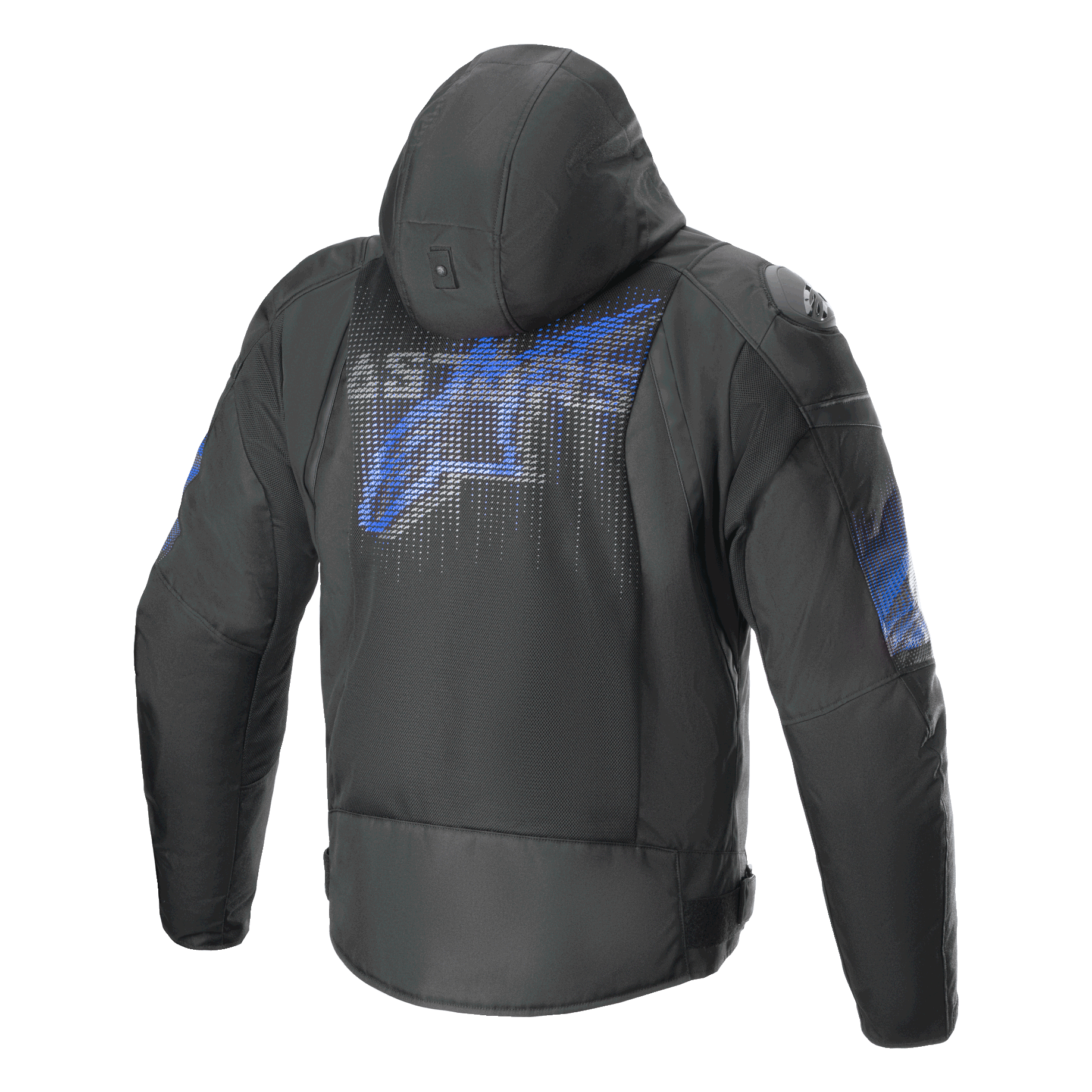 Alpinestars Zaca Air Venom Jacke, Herren-Motorradjacke mit Kapuze, Rückansicht, Schwarz und Elektroblau, mit 3D-Mesh-Belüftung und CE-zertifiziertem Schutz