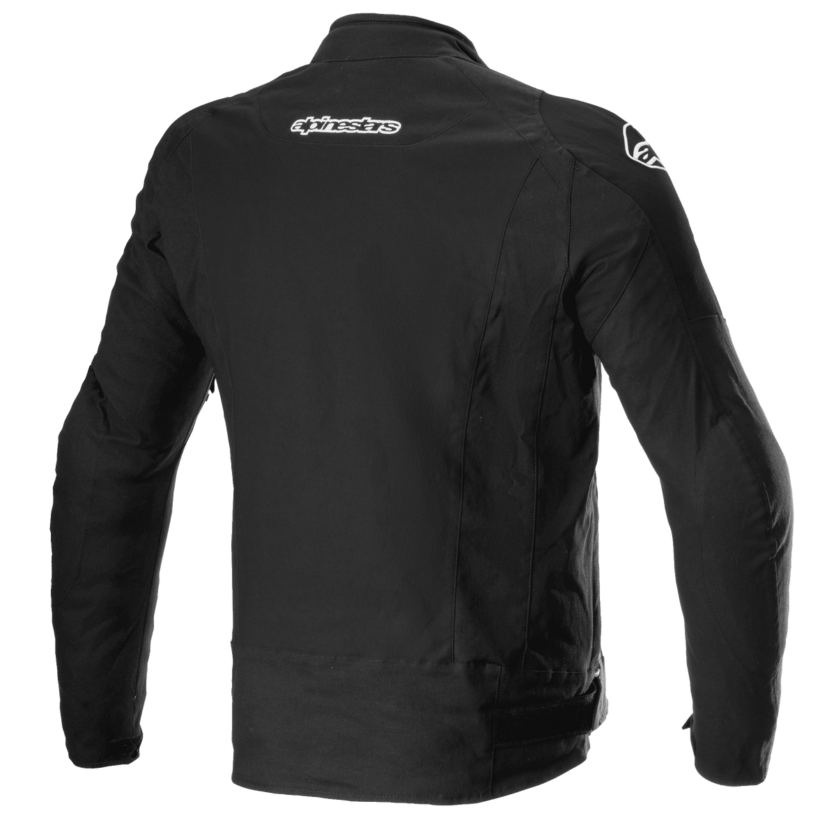 Alpinestars T-GP Force Jacke, Textil-Motorradjacke, Schwarz, Rückansicht mit Alpinestars-Branding auf dem oberen Rücken und den Schultern, schlankes, sportlich geschnittenes Design.