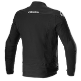 A black Alpinestars EU textile T-GP Force Jacket featuring long sleeves, a front zipper, and the Alpinestars logo prominently displayed on the chest. This jacket boasts protective features with padding on the shoulders and elbows, additional branding on the upper arms, and compatibility with the Tech-Air® 5 Airbag System.