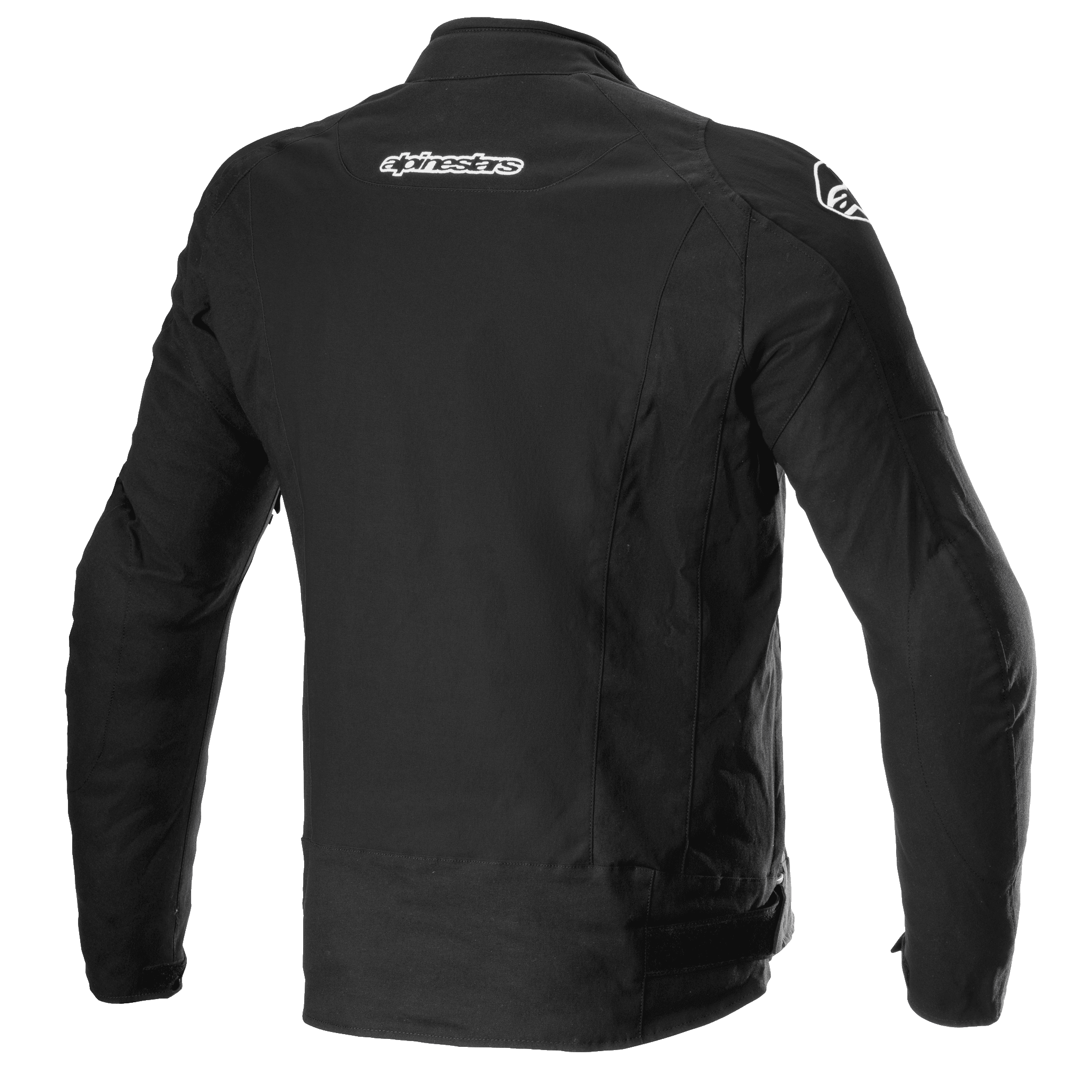 Alpinestars T-GP Force Jacke, Textil-Motorradjacke, Schwarz, Rückansicht mit Alpinestars-Branding auf dem oberen Rücken und den Schultern, schlankes, sportlich geschnittenes Design.