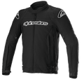 Alpinestars T-GP Force Jacke, schwarze Textil-Motorradjacke mit weißen Logos auf Brust und Schultern, durchgehender Frontreißverschluss, hoher Kragen, vorgekrümmte Ärmel, sportliche Passform für Straßenfahrten