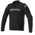 Alpinestars T-GP Force Jacke, schwarze Textil-Motorradjacke mit weißen Logos auf Brust und Schultern, durchgehender Frontreißverschluss, hoher Kragen, vorgekrümmte Ärmel, sportliche Passform für Straßenfahrten