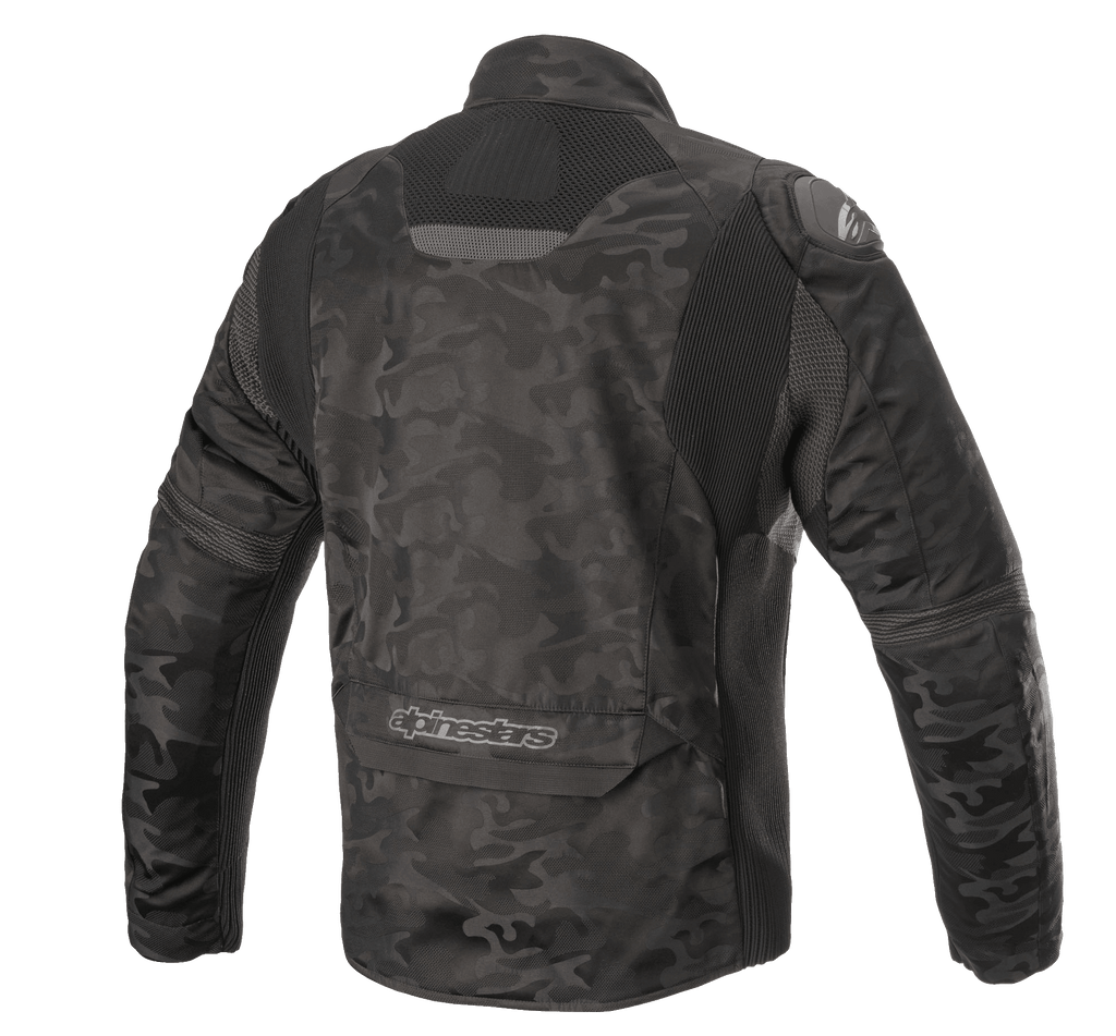Alpinestars T SP-5 Rideknit® textieljas, motorjas, Black Camo, achteraanzicht met gebreide stretchpanelen, camouflagepatroon op slijtvast textiel, Alpinestars-logo op de onderrug